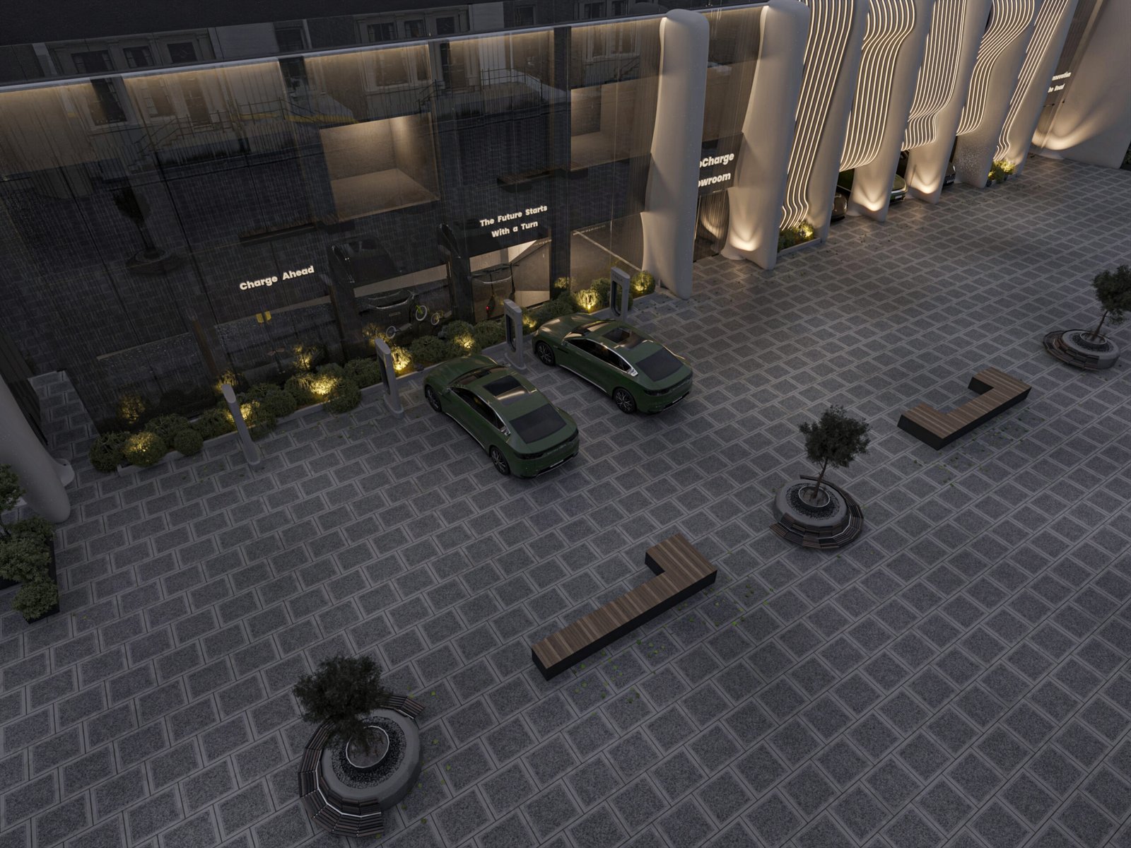 Exterior view highlighting the transparency of the showroom and the connection between architecture and displayed vehicles.