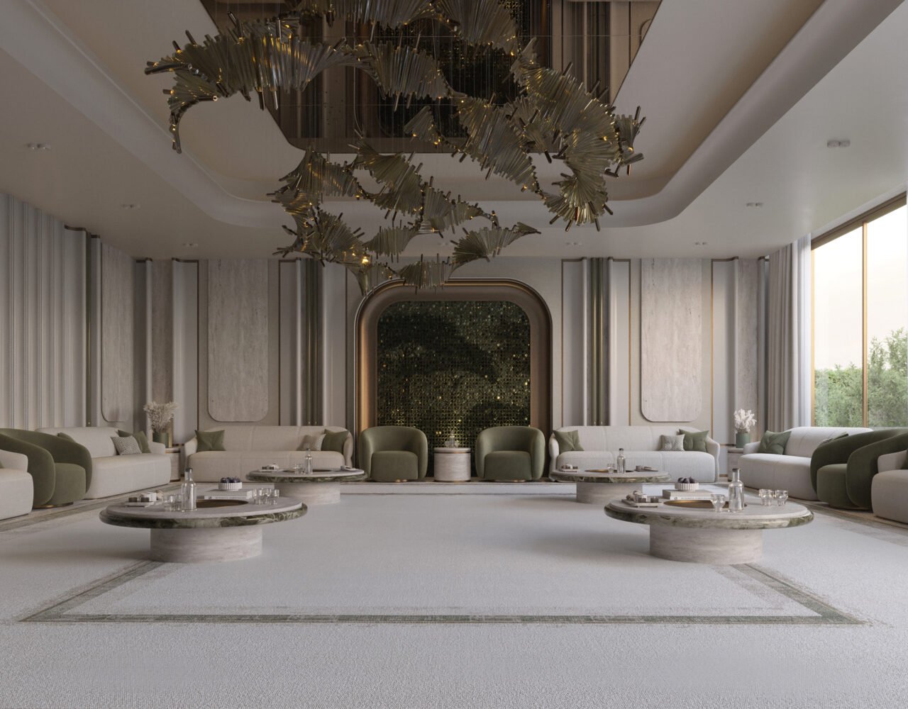 Luxury modern living room in a private Riyadh villa with neutral tones and sculptural chandelier