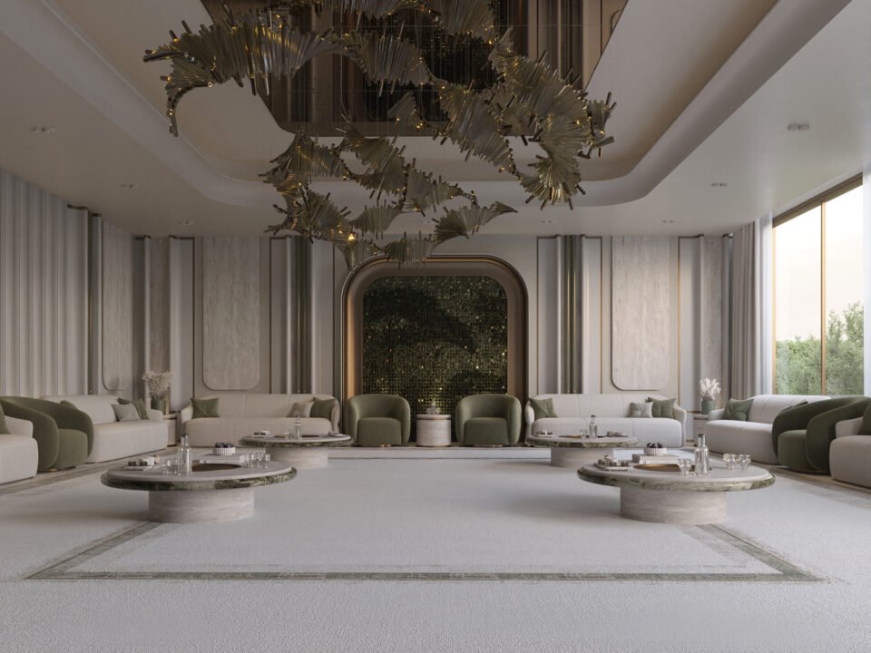 Luxury modern living room in a private Riyadh villa with neutral tones and sculptural chandelier