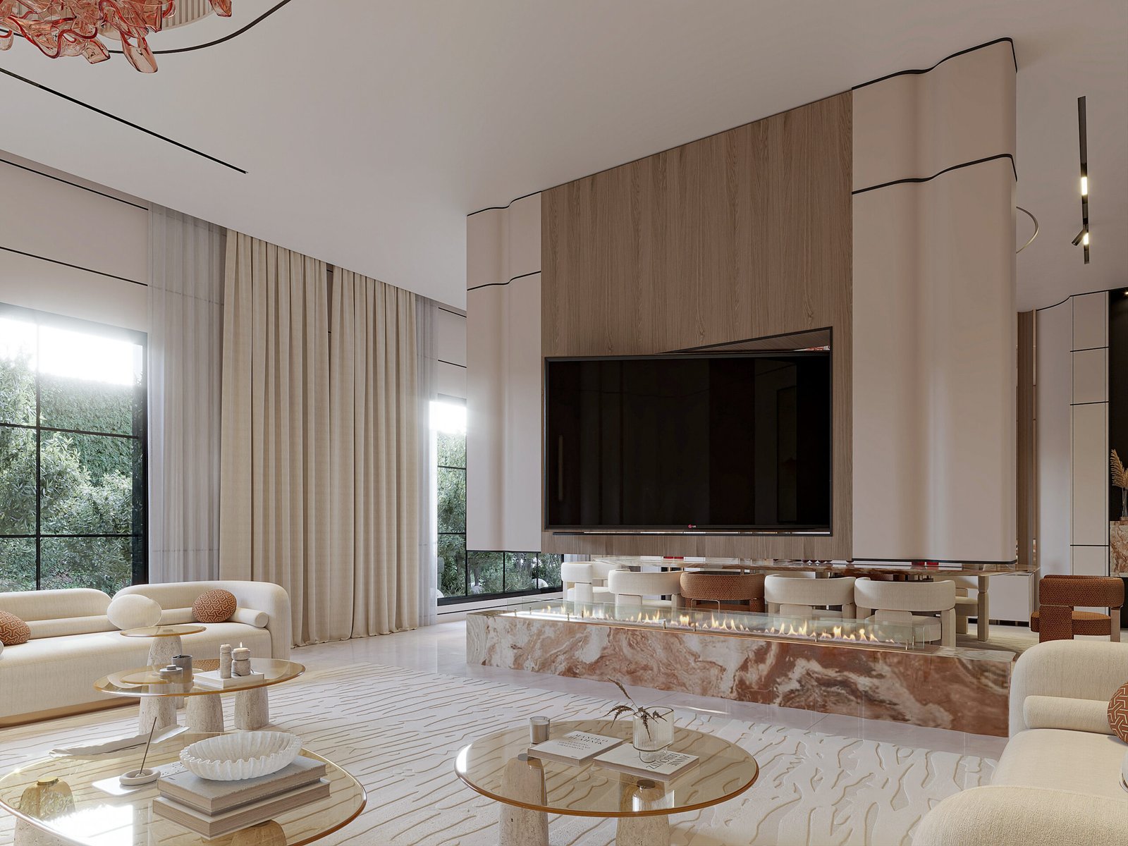 Luxury modern living room with marble feature wall and sculptural chandelier in Kuwait
