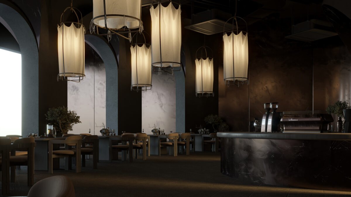 Modern café interior with Inca-inspired wall relief and ambient lighting