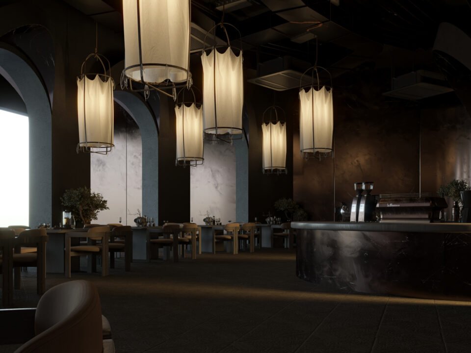 Modern café interior with Inca-inspired wall relief and ambient lighting