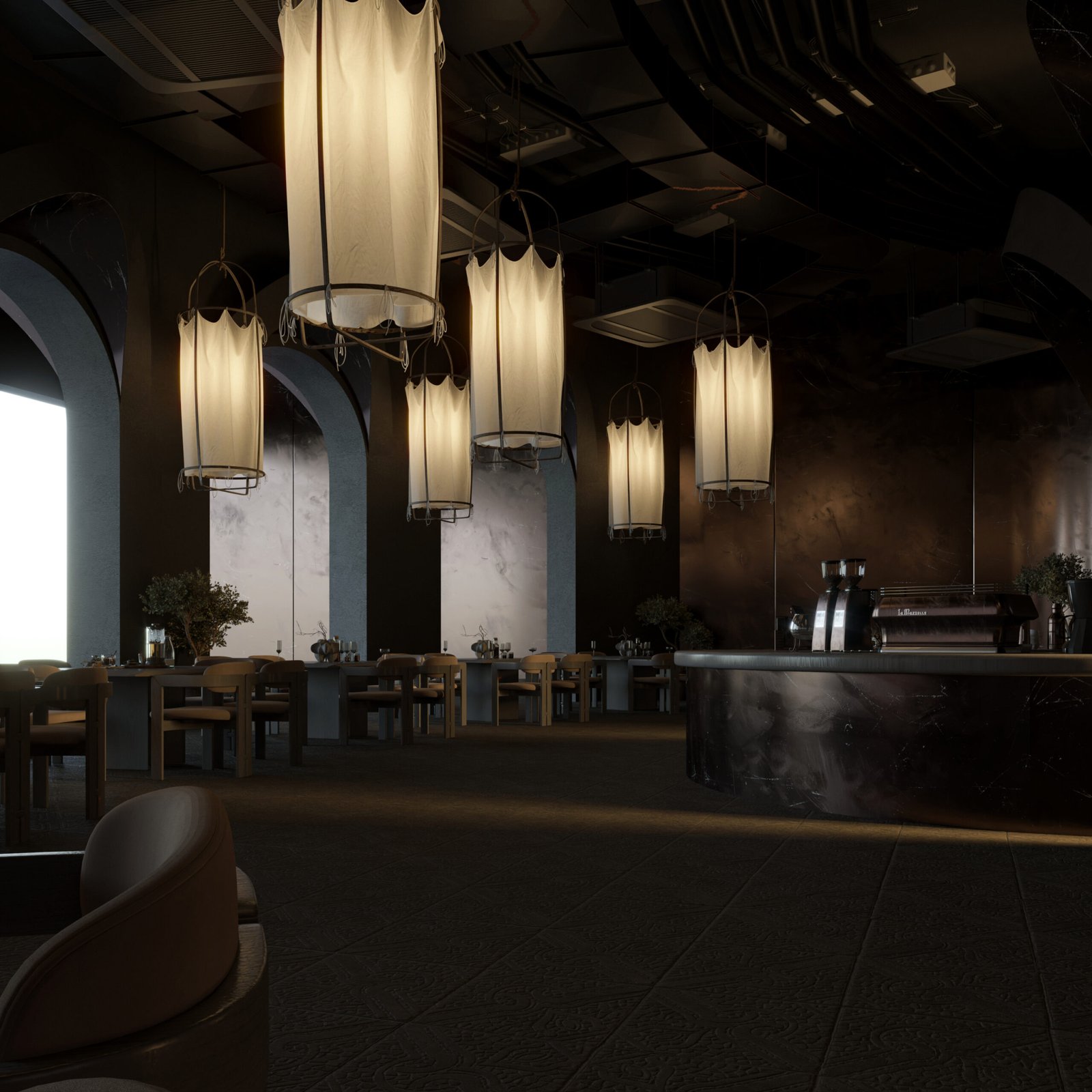 Modern café interior with Inca-inspired wall relief and ambient lighting
