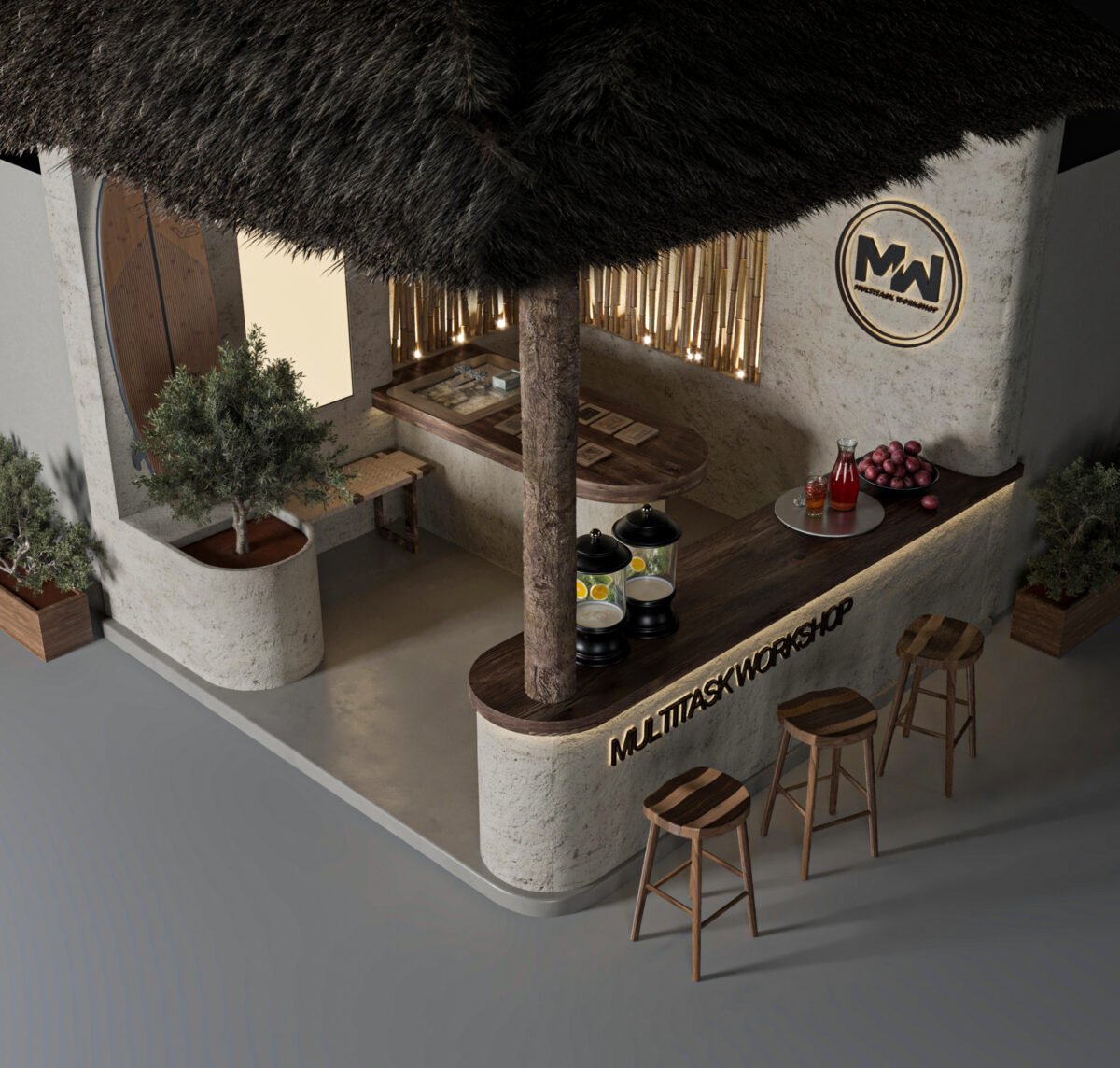 A compact exhibition booth designed to merge construction identity with a tropical spatial experience using layered materials and atmospheric lighting.