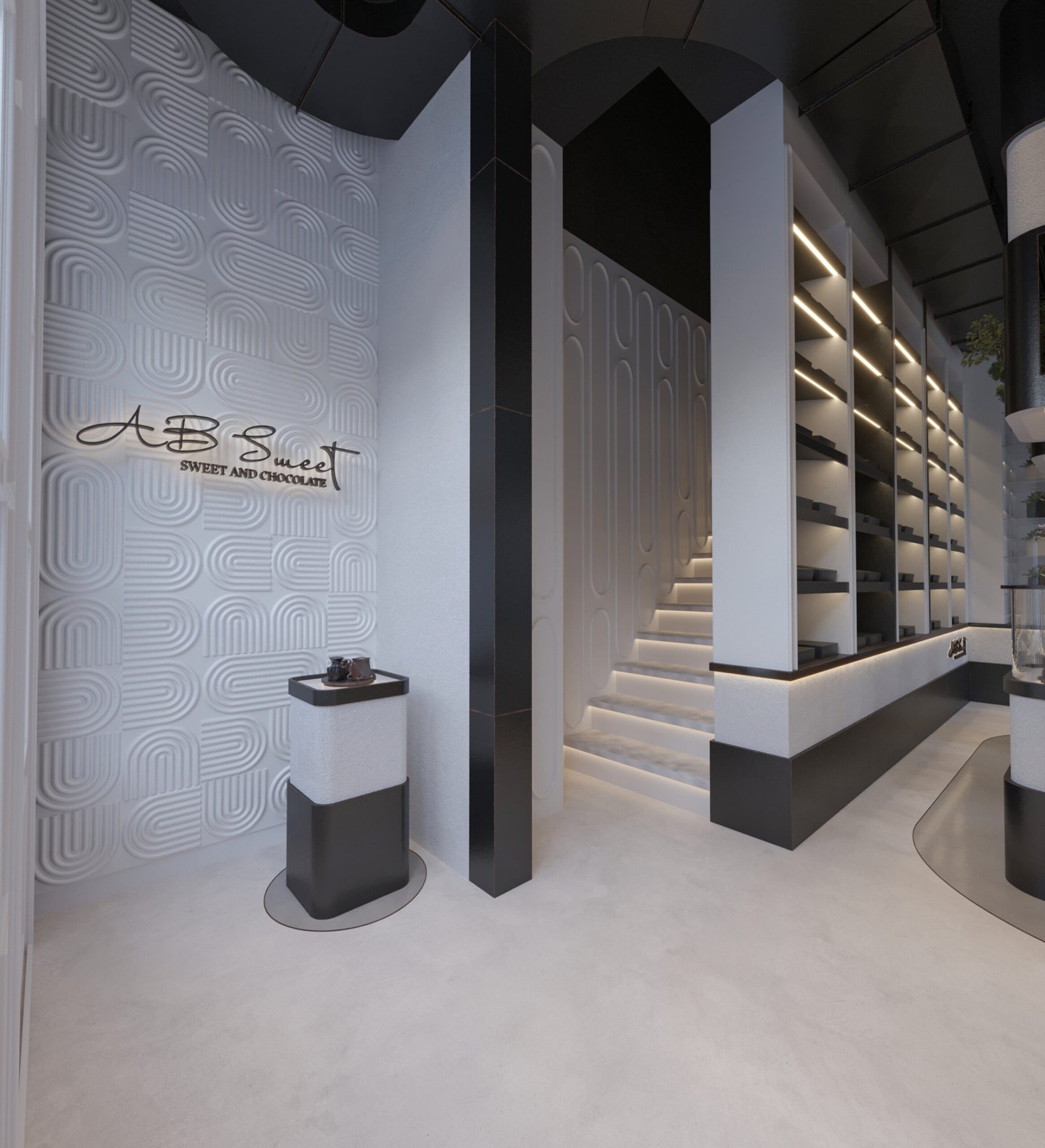 Modern chocolate boutique interior with black and white design and illuminated display units