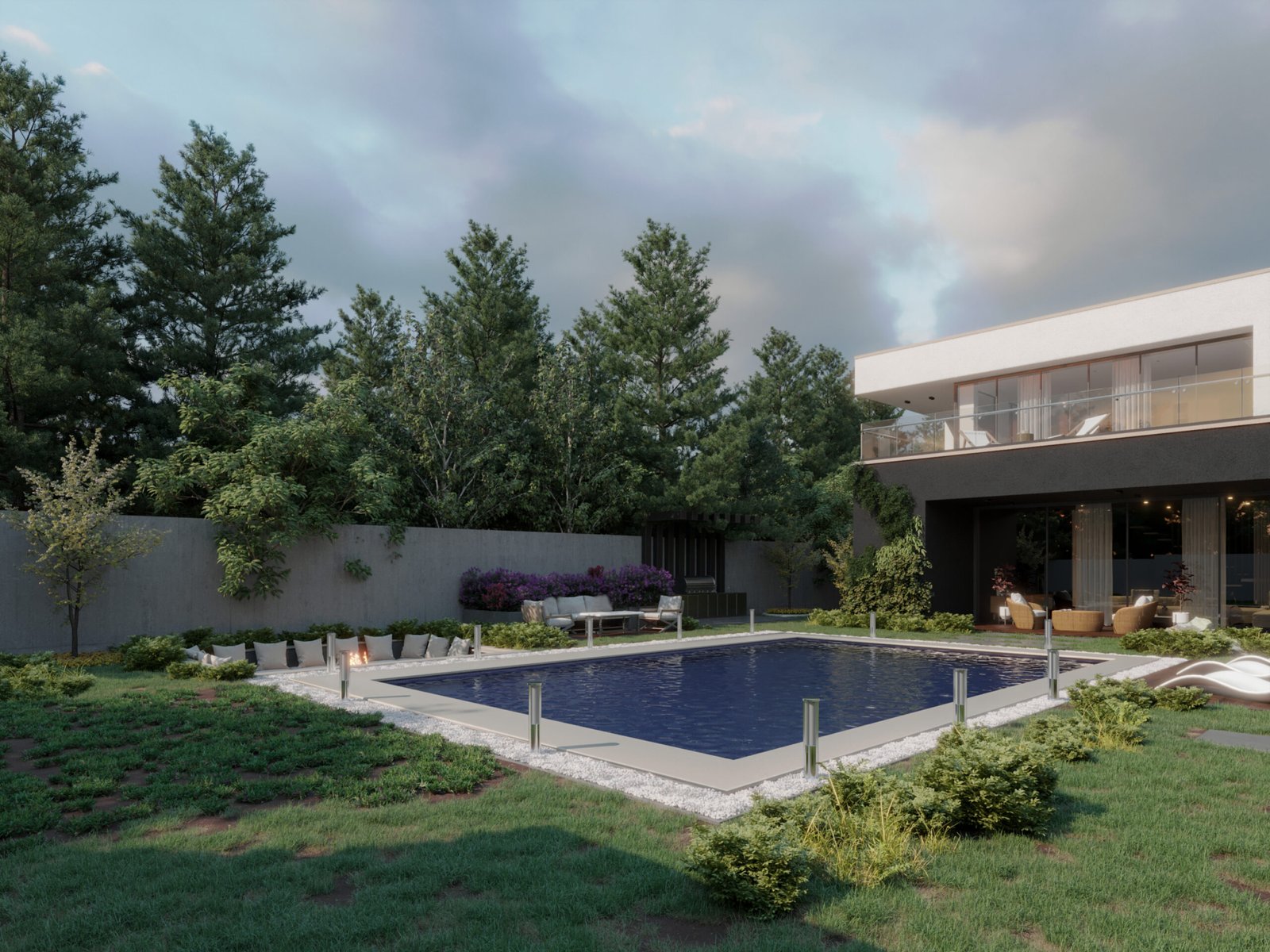 A modern two-story villa featuring clean geometric volumes, large glass openings, and a landscaped pool area.