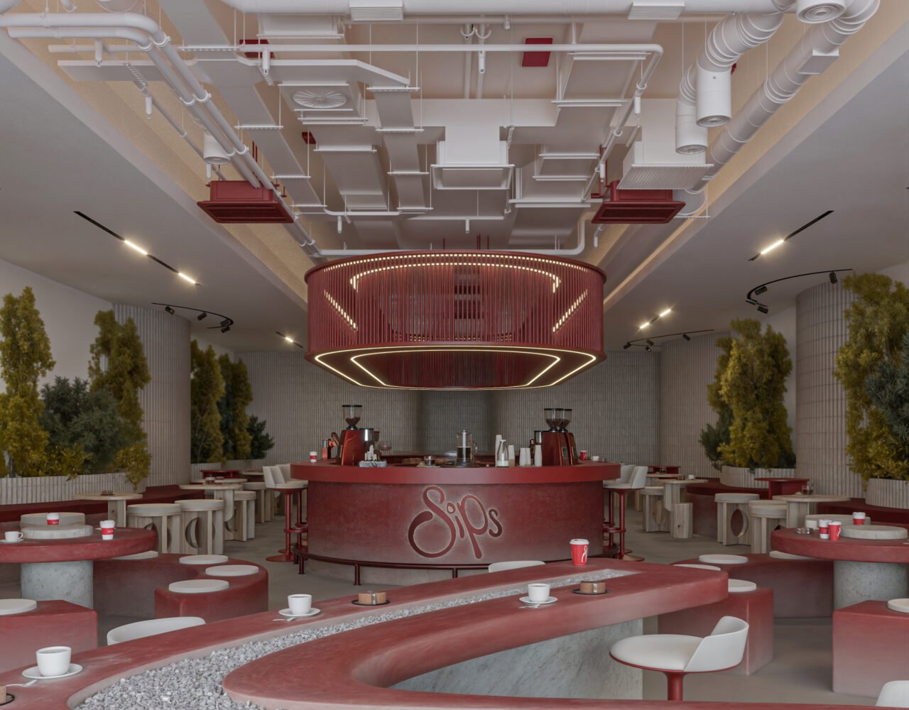 Modern café interior with red curved seating and central bar in Basrah