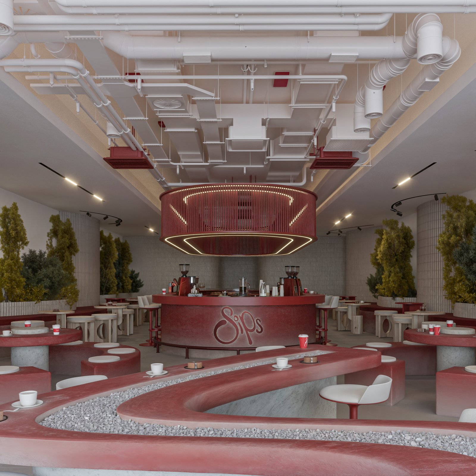 Modern café interior with red curved seating and central bar in Basrah