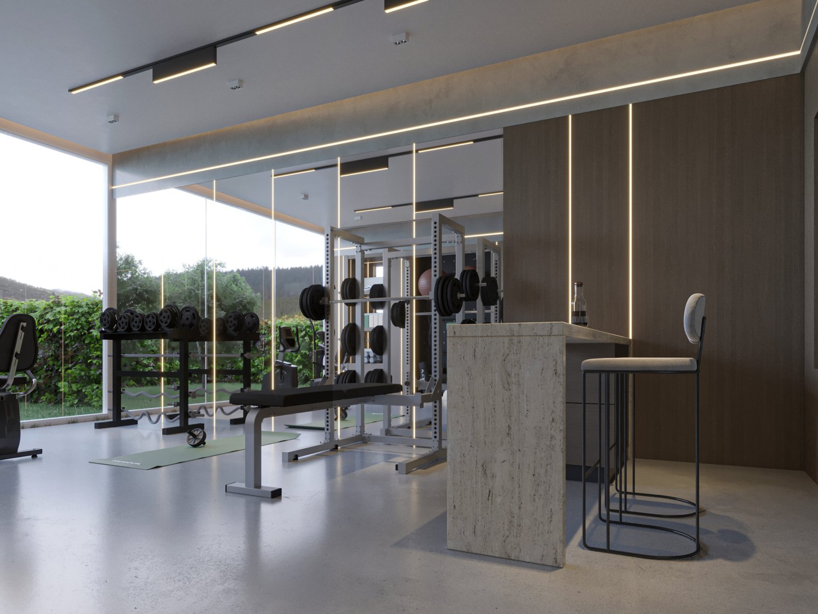 Modern private gym interior with wooden panels and LED lighting