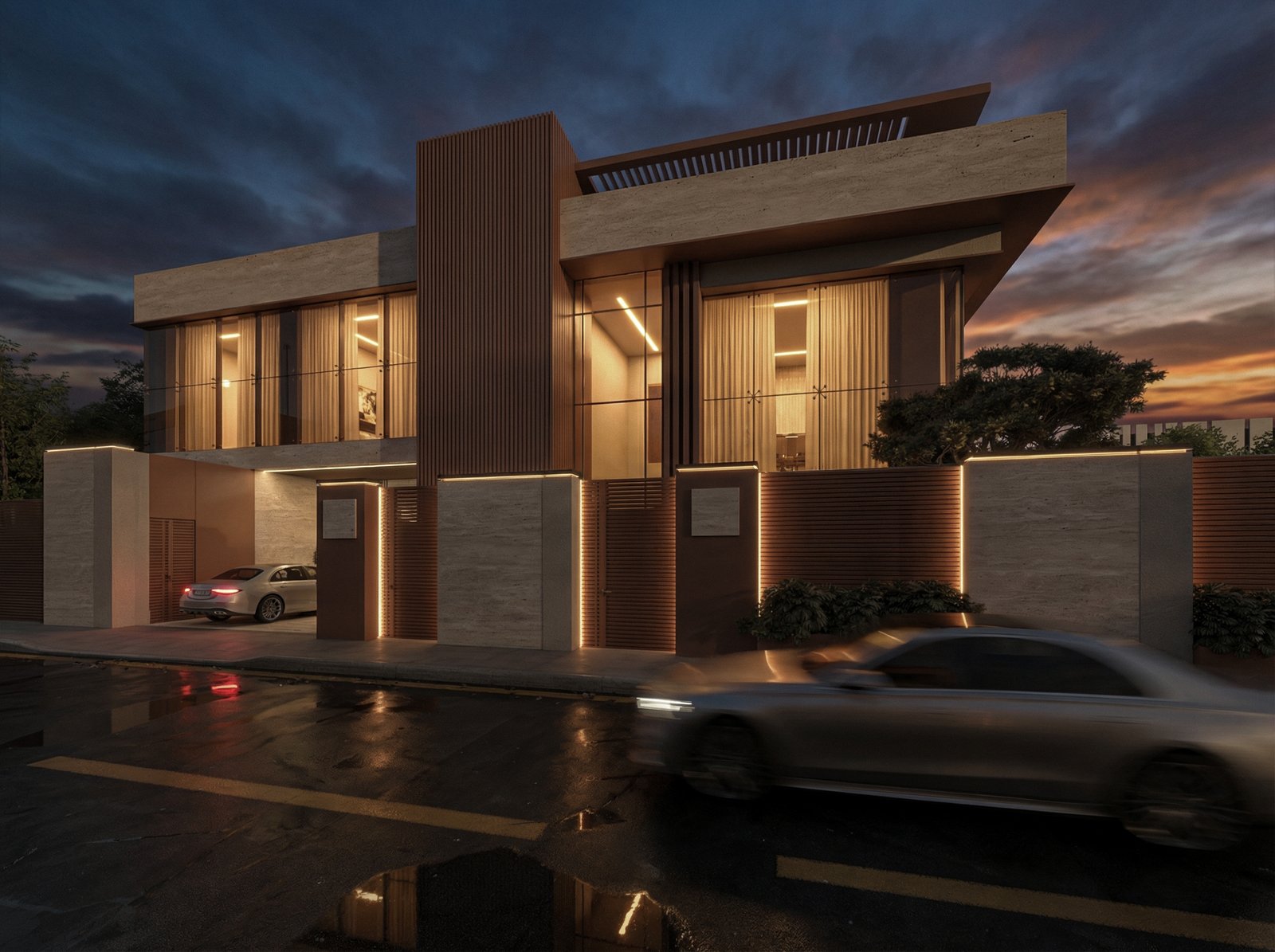     Luxury villa entrance with landscaped garden and stone pathway