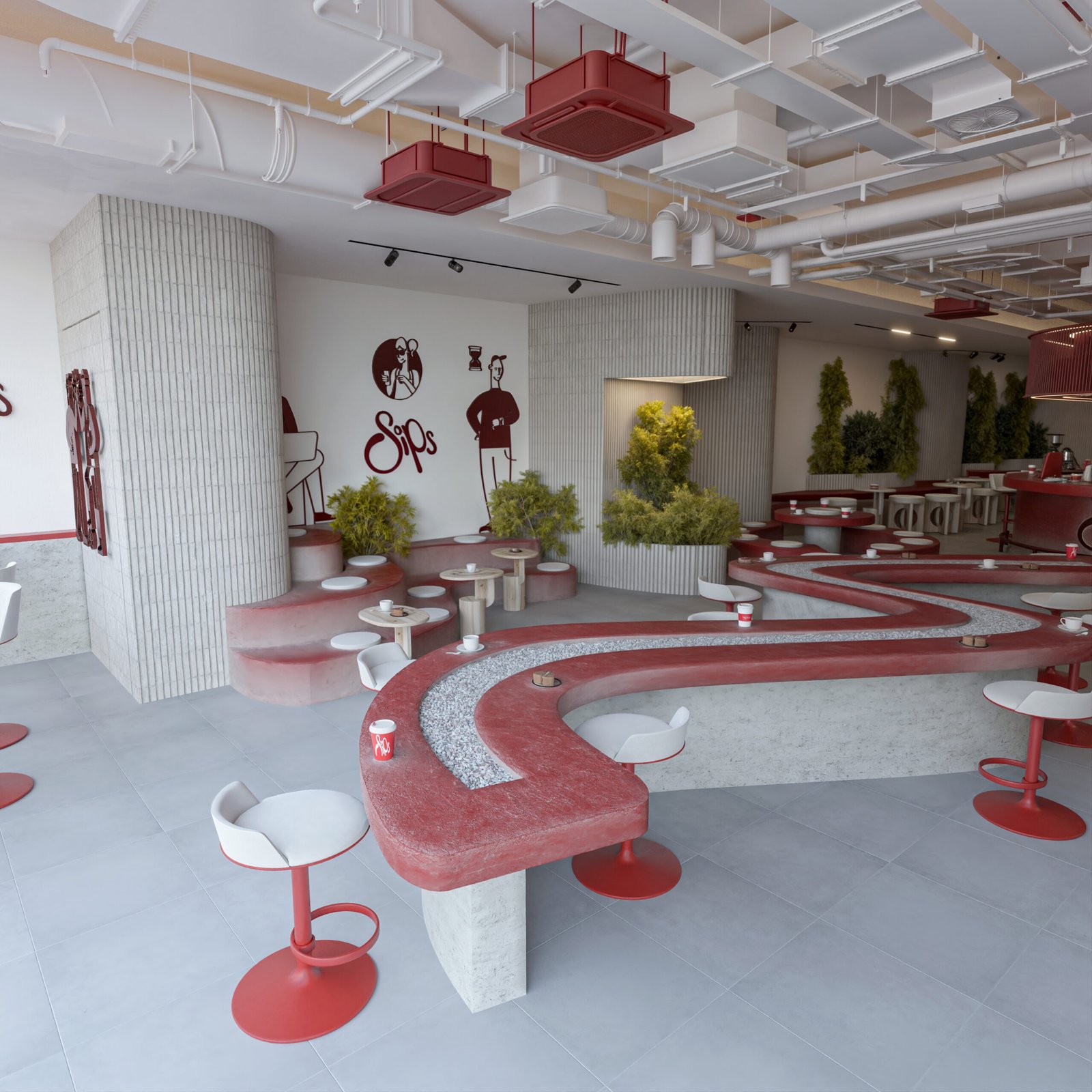 Modern cafe interior in Basrah with red sculptural seating and central bar design