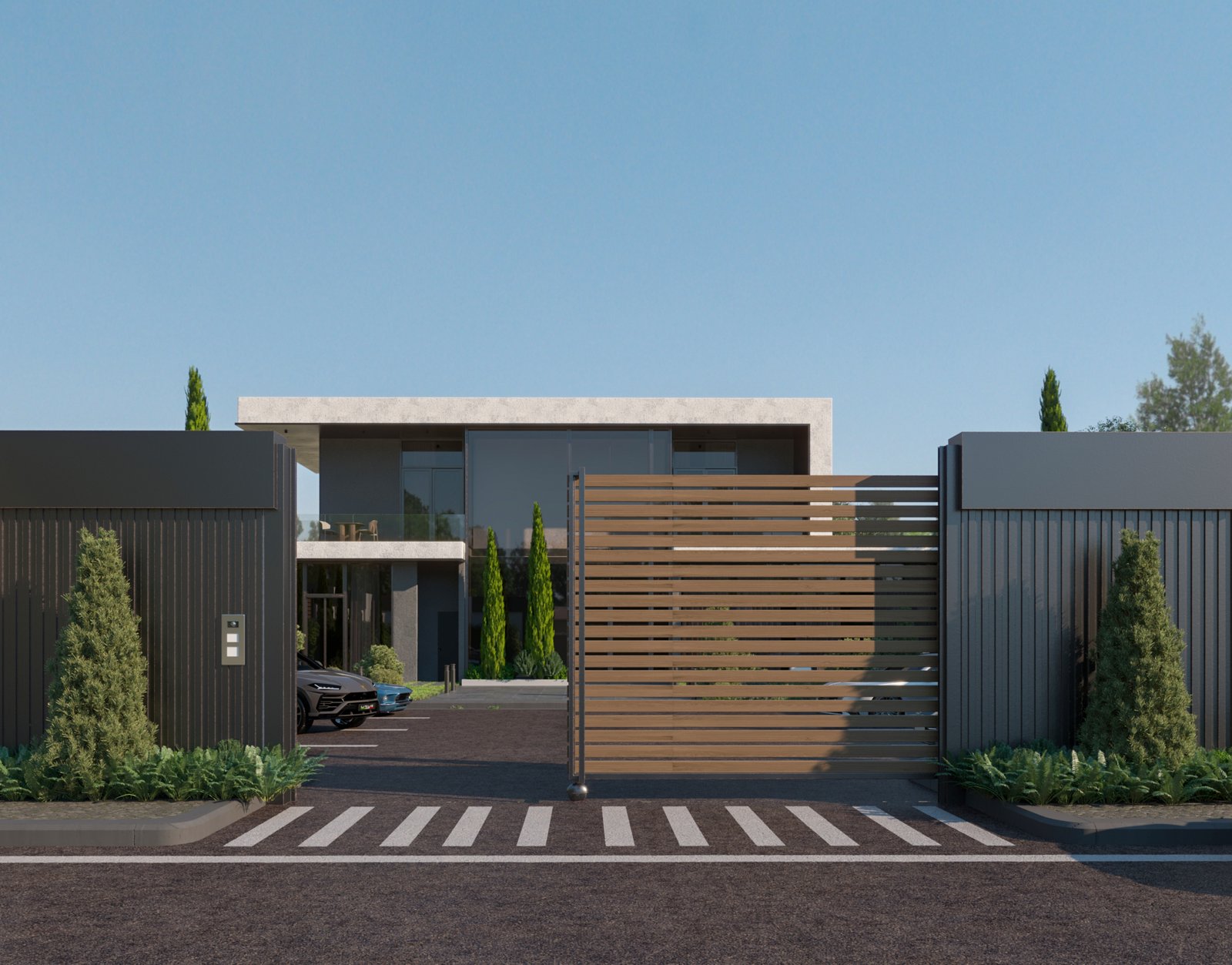 Modern guest villa façade in Riyadh with glass walls and minimalist design