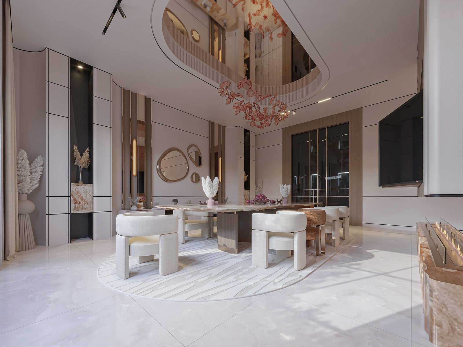 Luxury modern living room with marble feature wall and sculptural chandelier in Kuwait