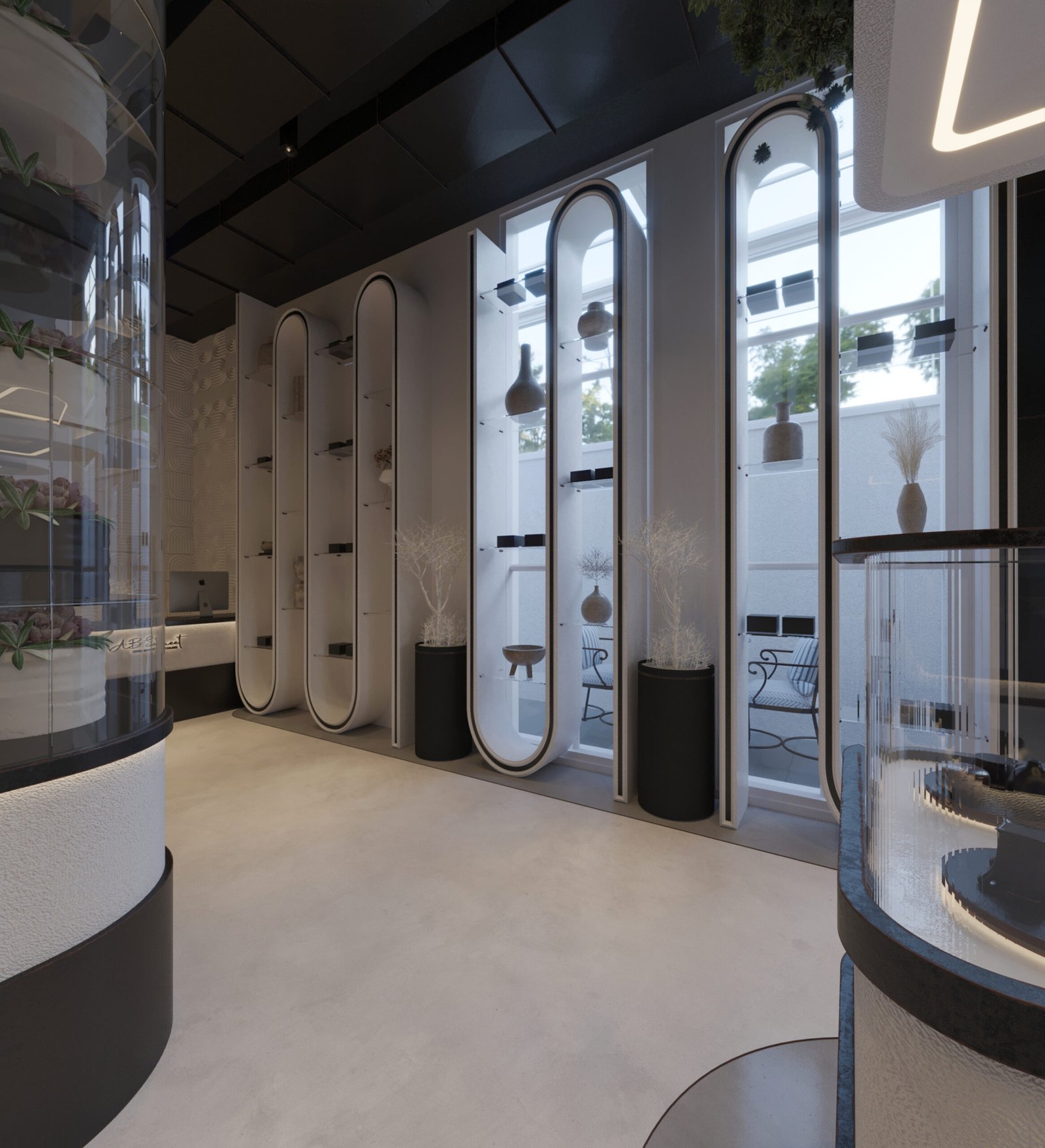 Modern chocolate boutique interior with black and white design and illuminated display units