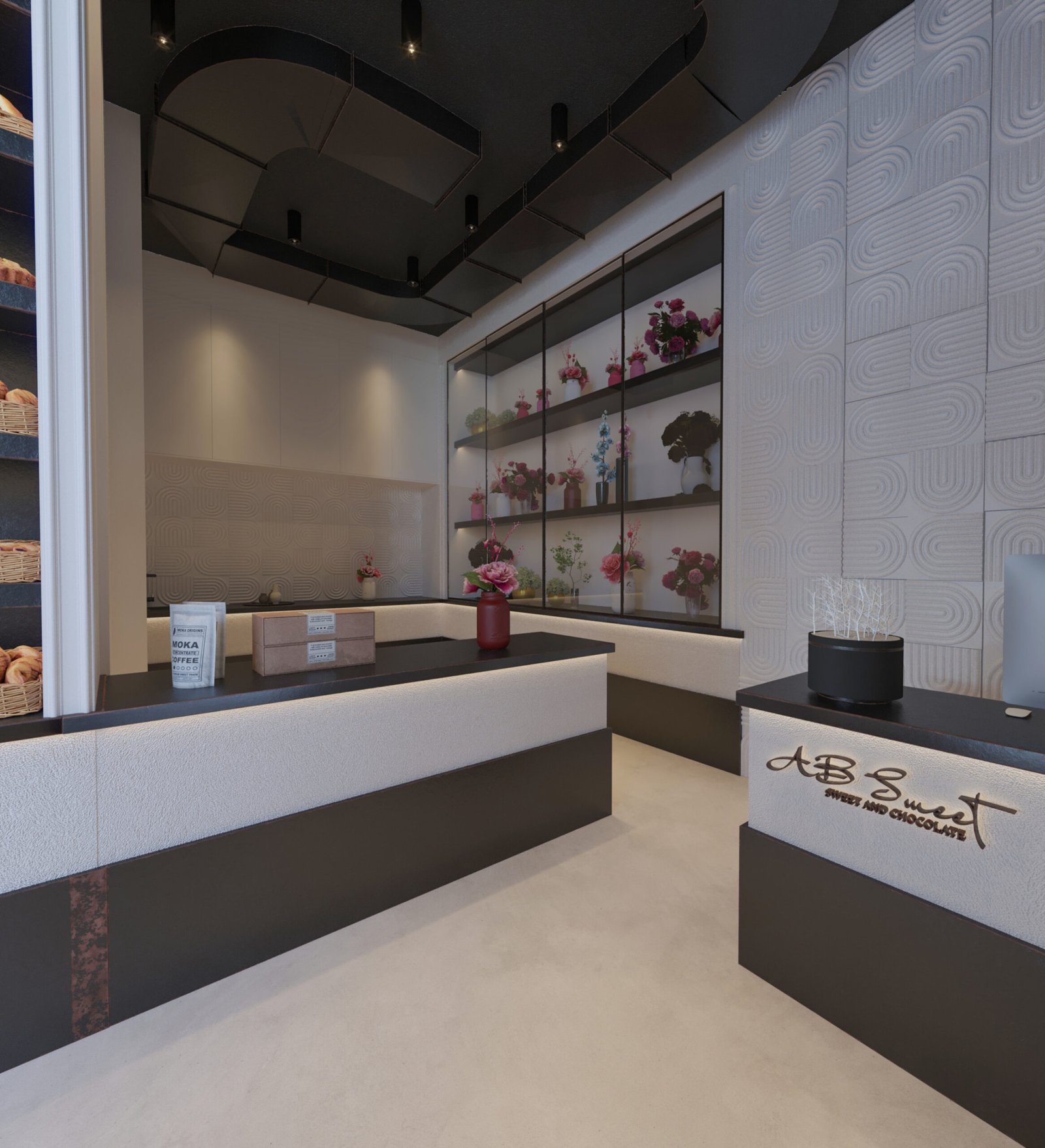 Modern chocolate boutique interior with black and white design and illuminated display units