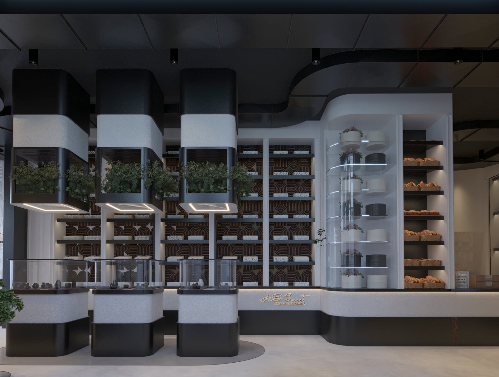 Modern chocolate boutique interior with black and white design and illuminated display units