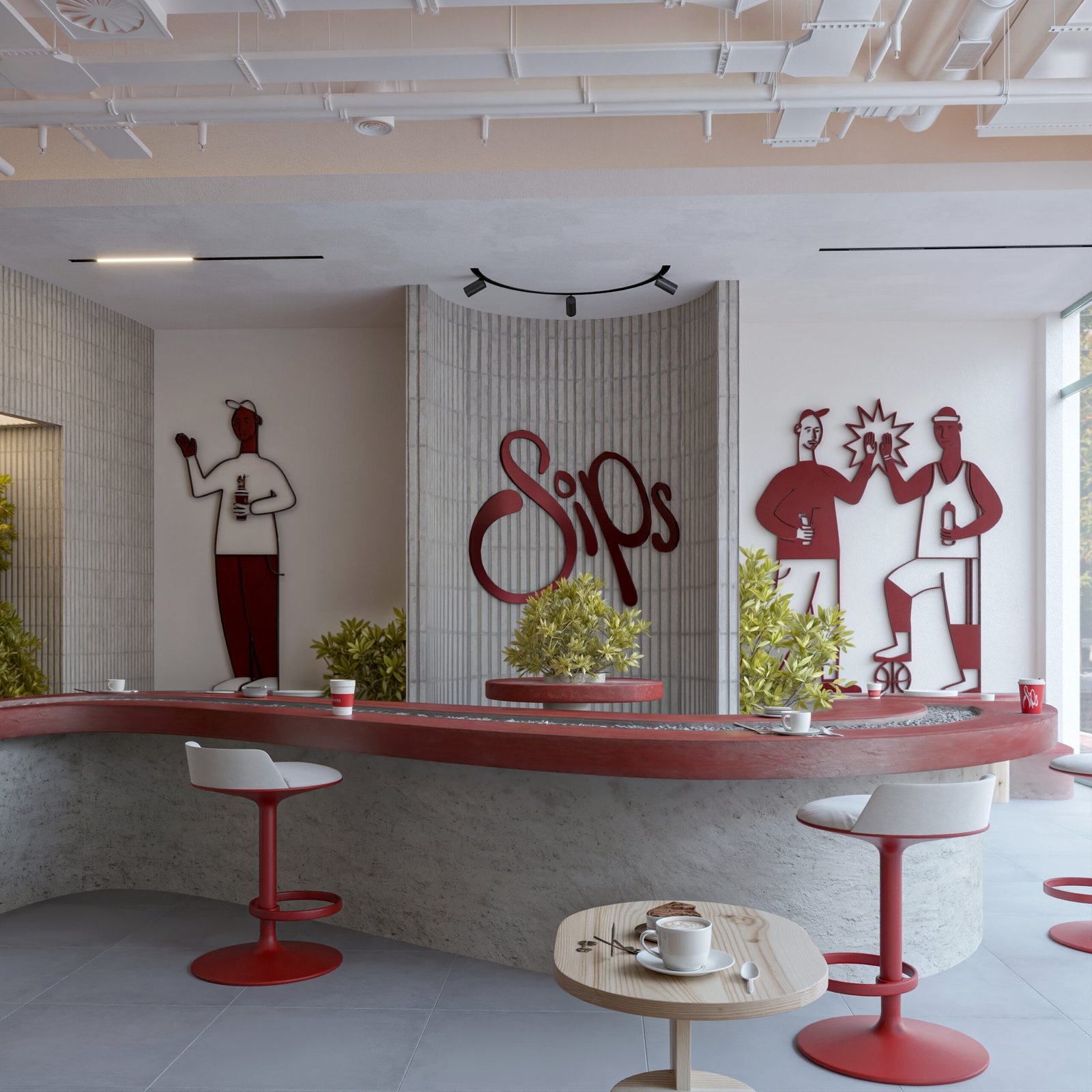 SIPS CAFFÉ reimagines spatial interaction through fluid geometry and vibrant identity.