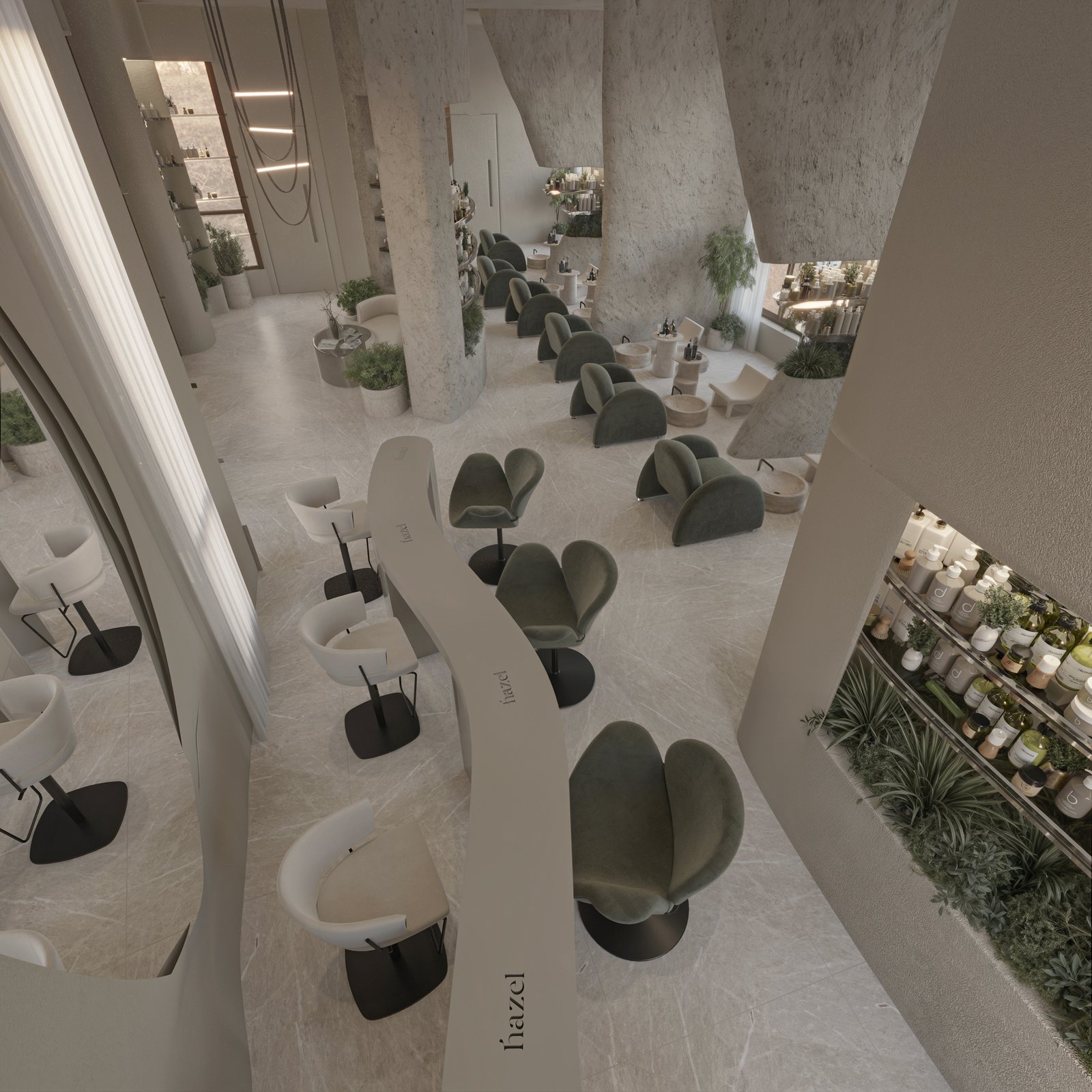 Luxury spa salon interior in Kuwait featuring curved architecture, manicure stations, and integrated shelving
