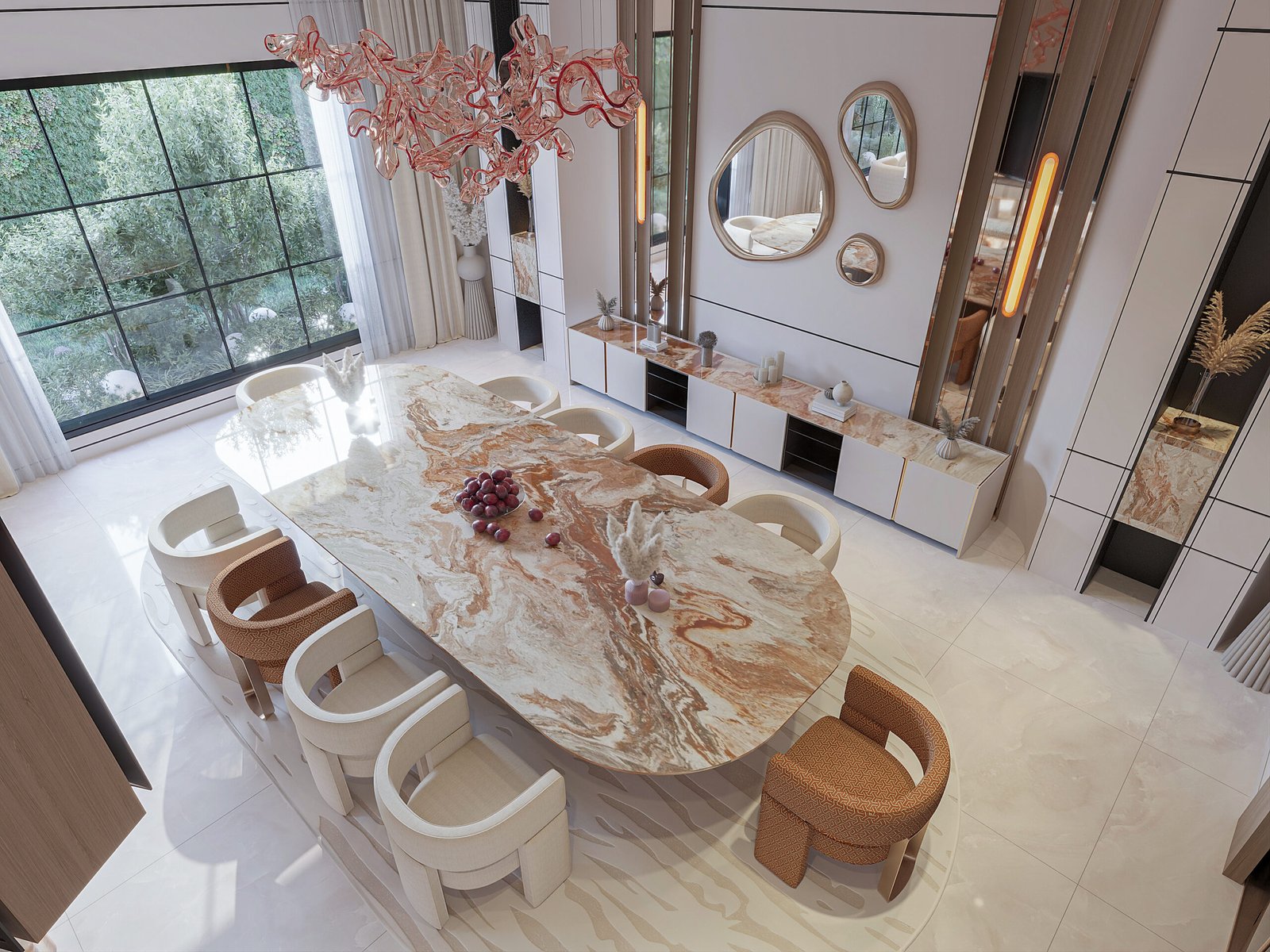 Luxury modern living room with marble feature wall and sculptural chandelier in Kuwait