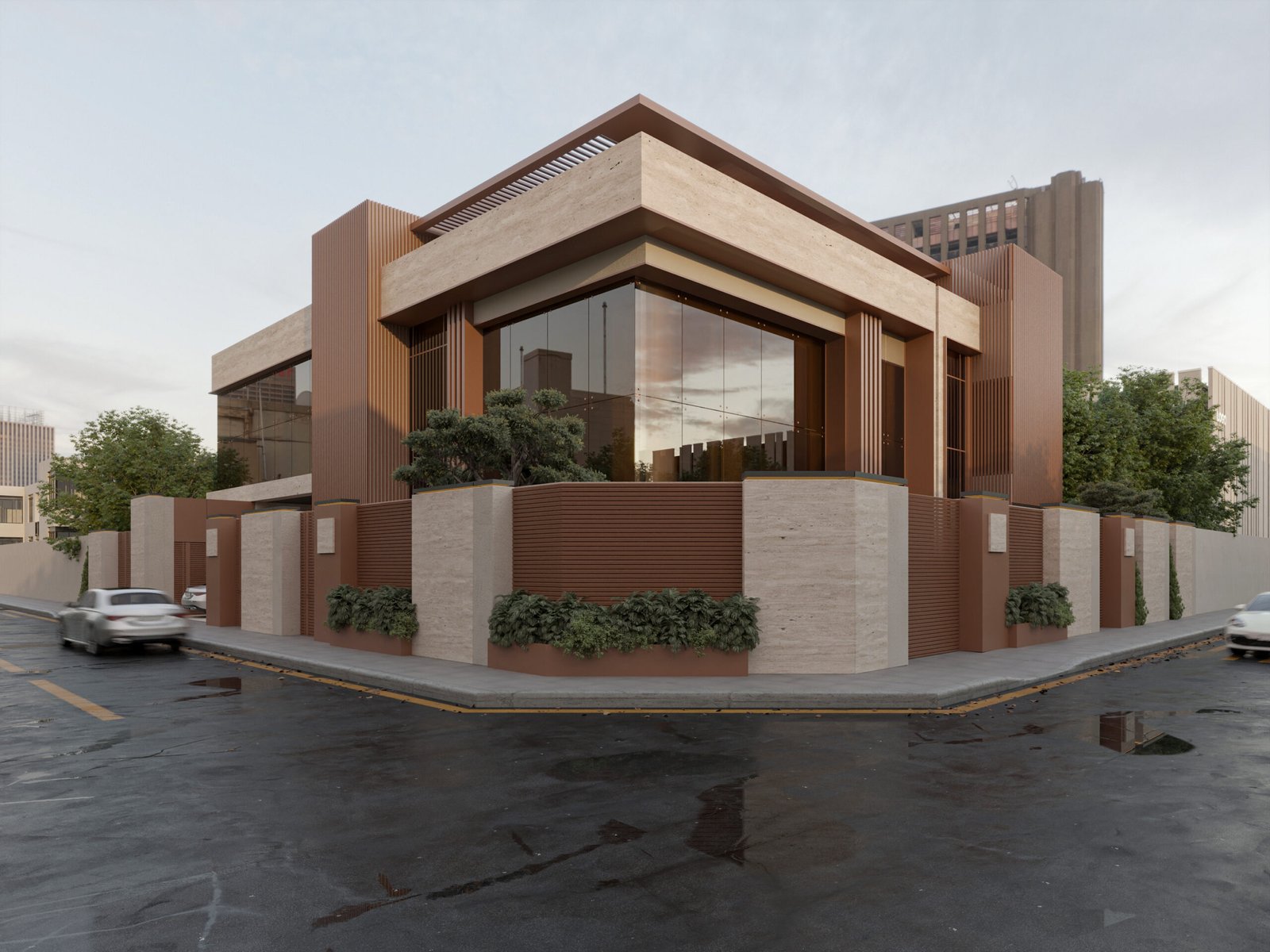     Luxury villa entrance with landscaped garden and stone pathway