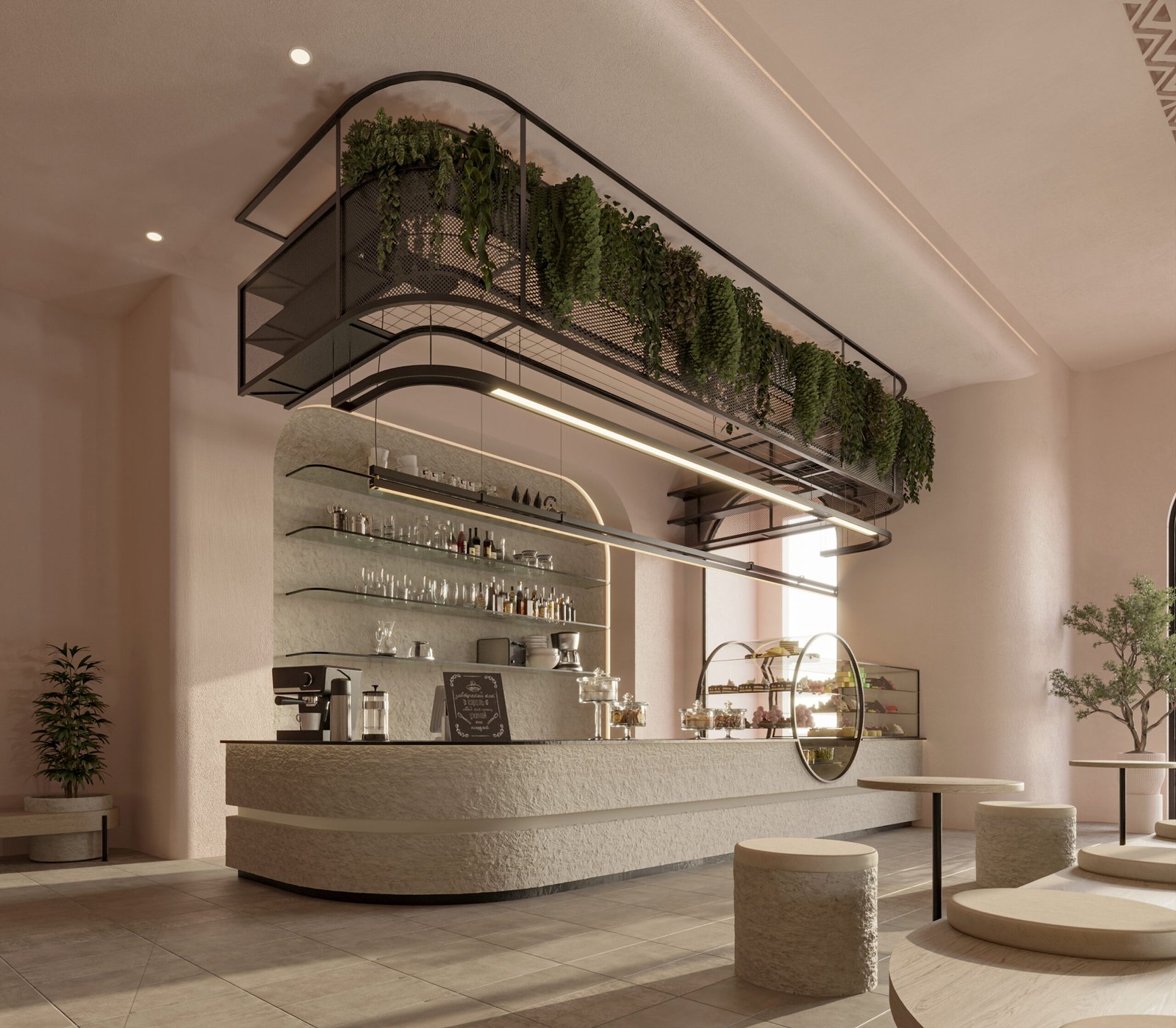     A calm café interior featuring curved seating, textured walls, and soft lighting that creates a warm and inviting atmosphere.