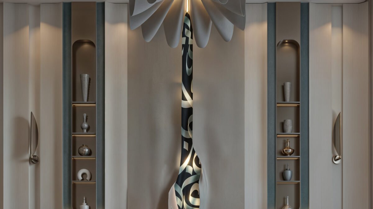 Contemporary luxury living room with sculptural chandelier and curved armchairs in UAE