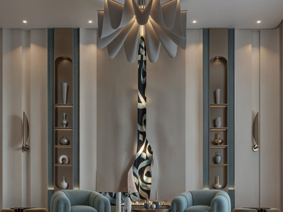 Contemporary luxury living room with sculptural chandelier and curved armchairs in UAE
