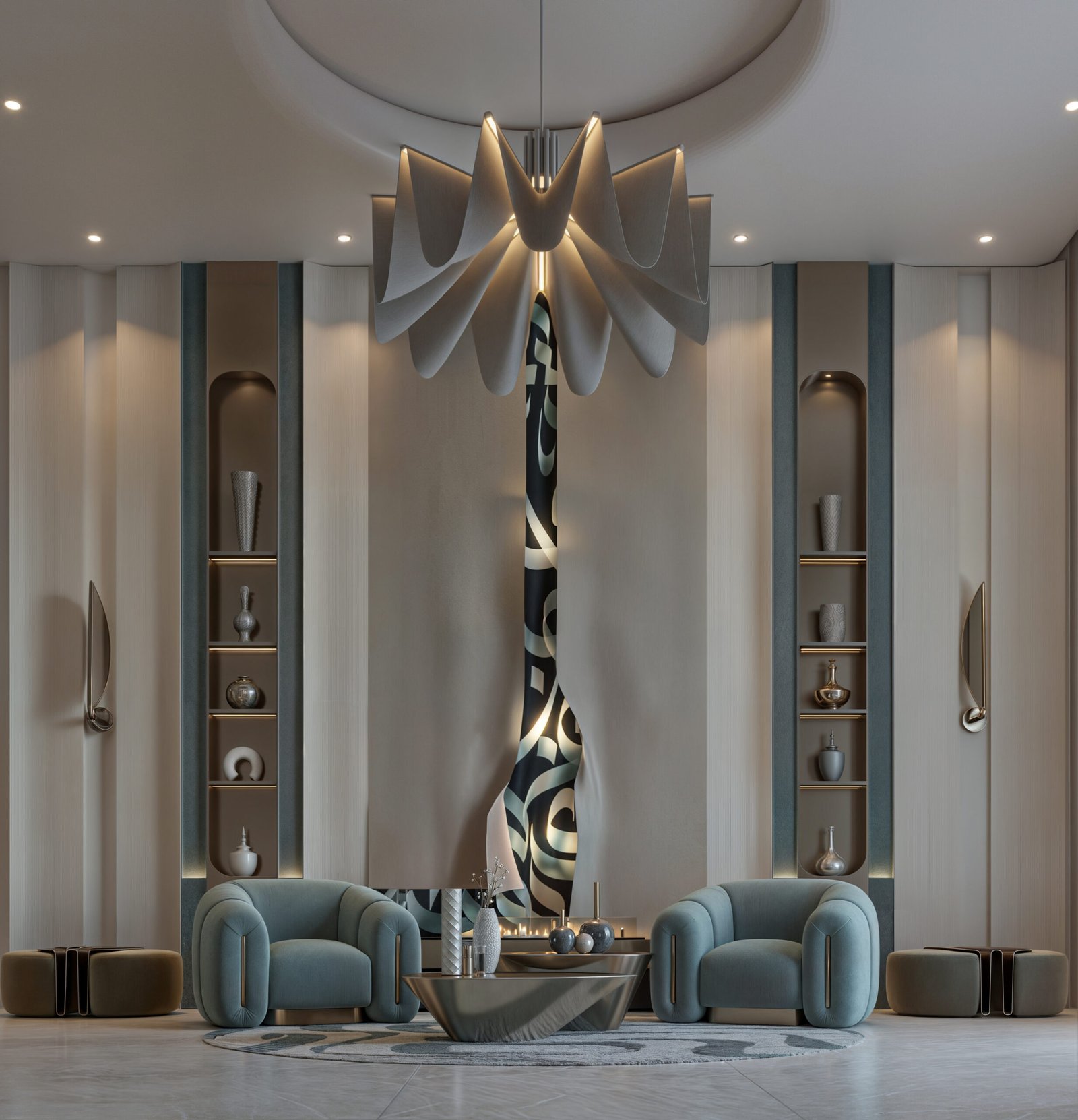 Contemporary luxury living room with sculptural chandelier and curved armchairs in UAE