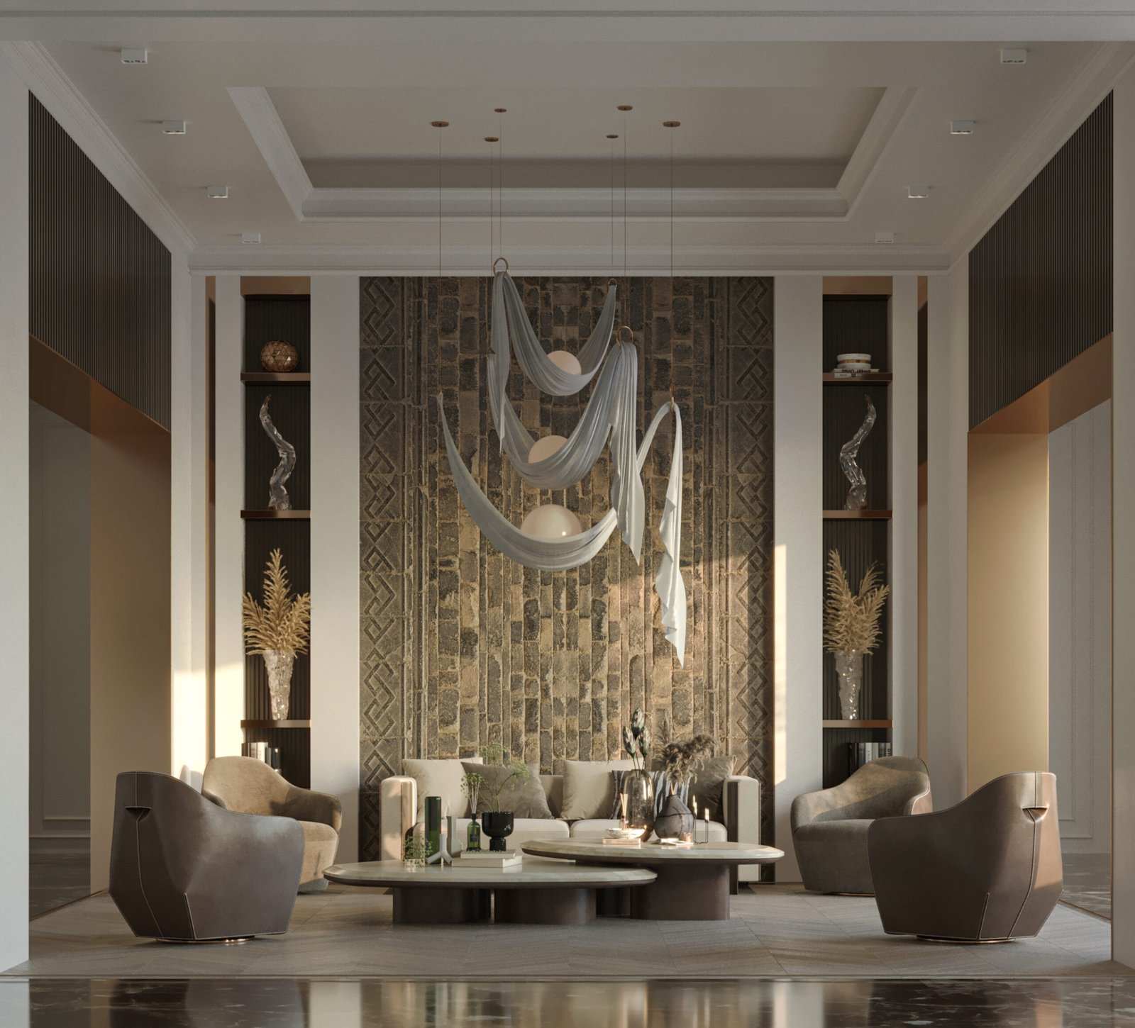 A contemporary seating arrangement featuring neutral-toned sofas, sculptural tables, and natural materials.