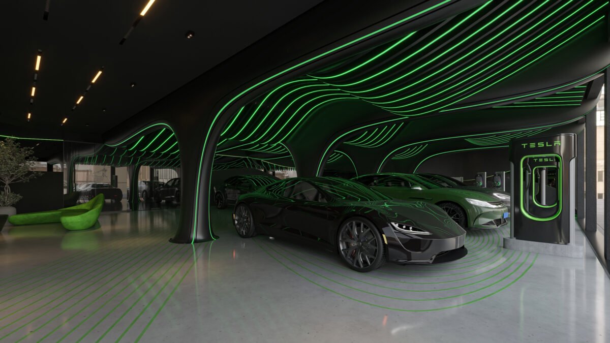 Futuristic electric mobility gallery interior with green lighting and organic architecture in Lagos