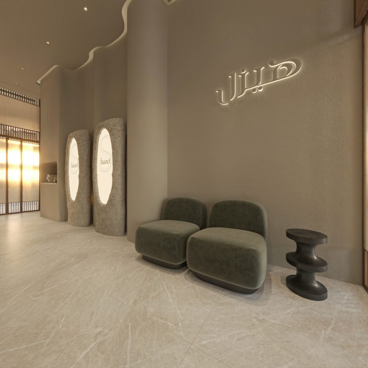 Luxury spa salon interior in Kuwait featuring curved architecture, manicure stations, and integrated shelving