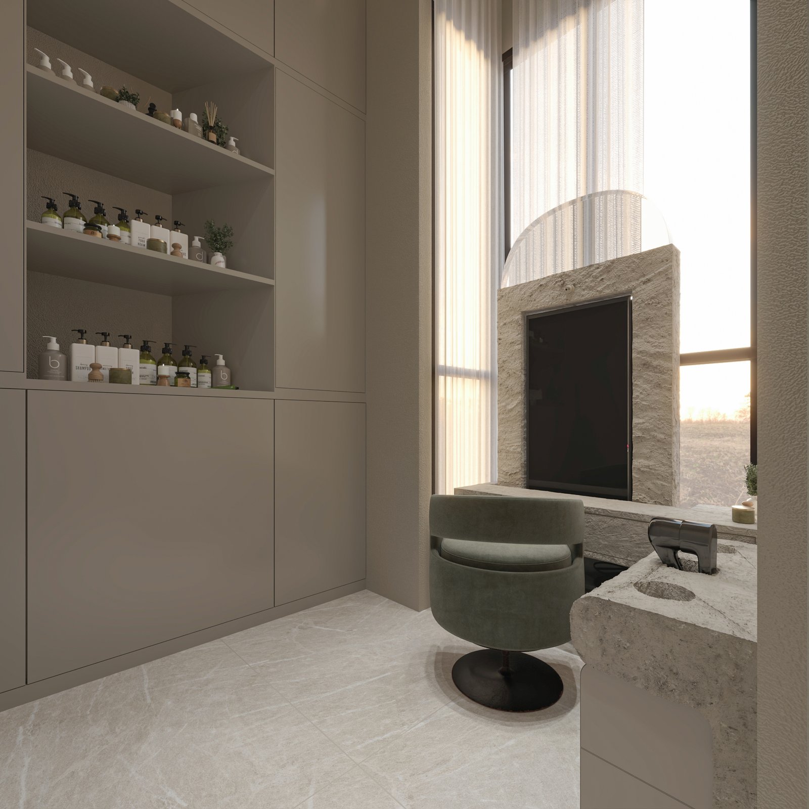Luxury spa salon interior in Kuwait featuring curved architecture, manicure stations, and integrated shelving