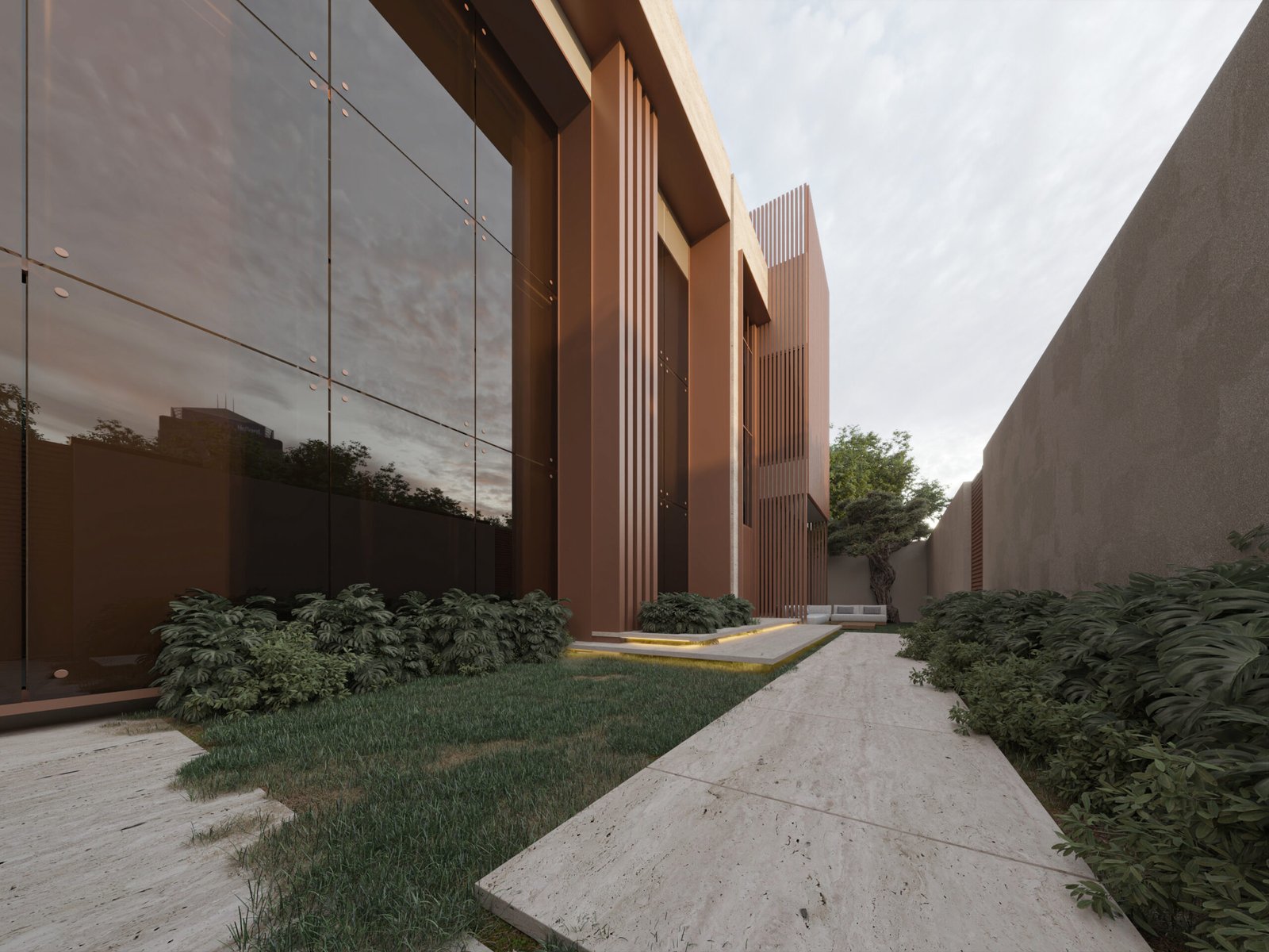     Luxury villa entrance with landscaped garden and stone pathway