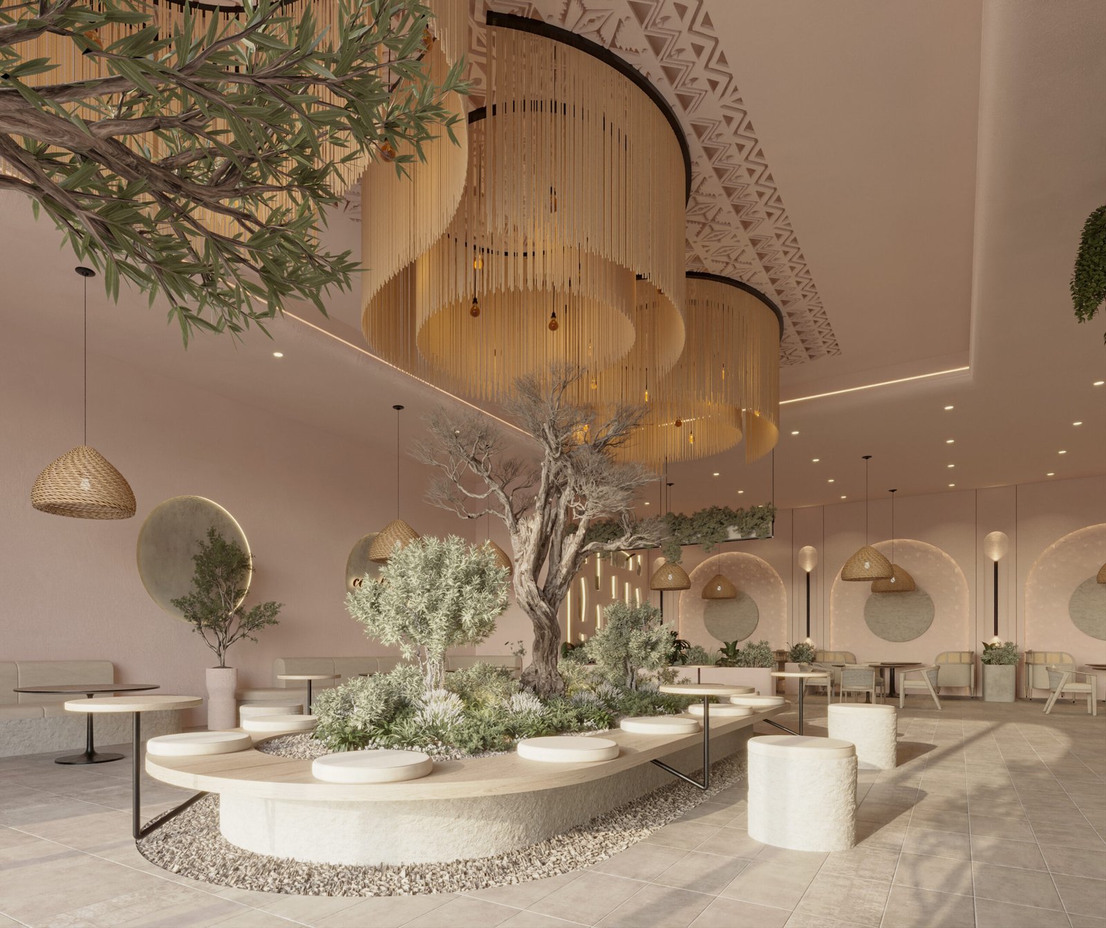     A calm café interior featuring curved seating, textured walls, and soft lighting that creates a warm and inviting atmosphere.