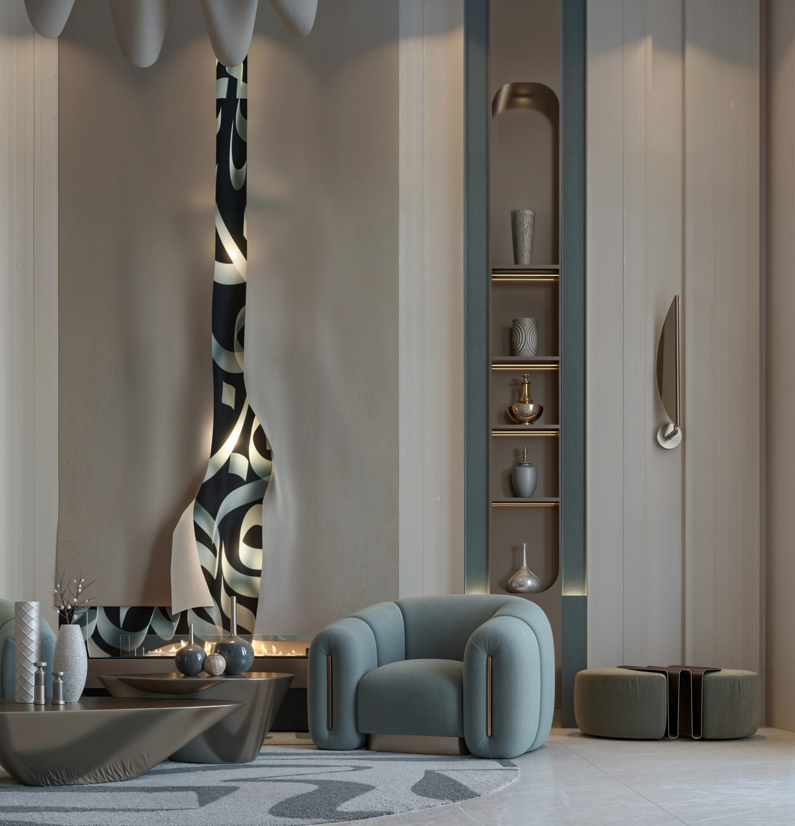 Contemporary luxury living room with sculptural chandelier and curved armchairs in UAE