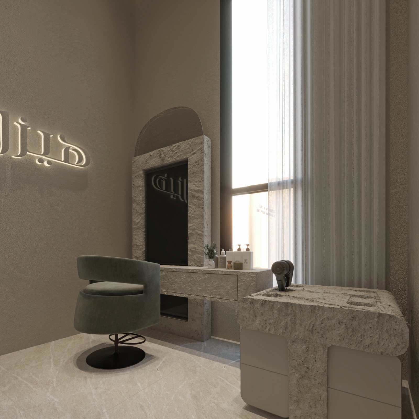 Luxury spa salon interior in Kuwait featuring curved architecture, manicure stations, and integrated shelving