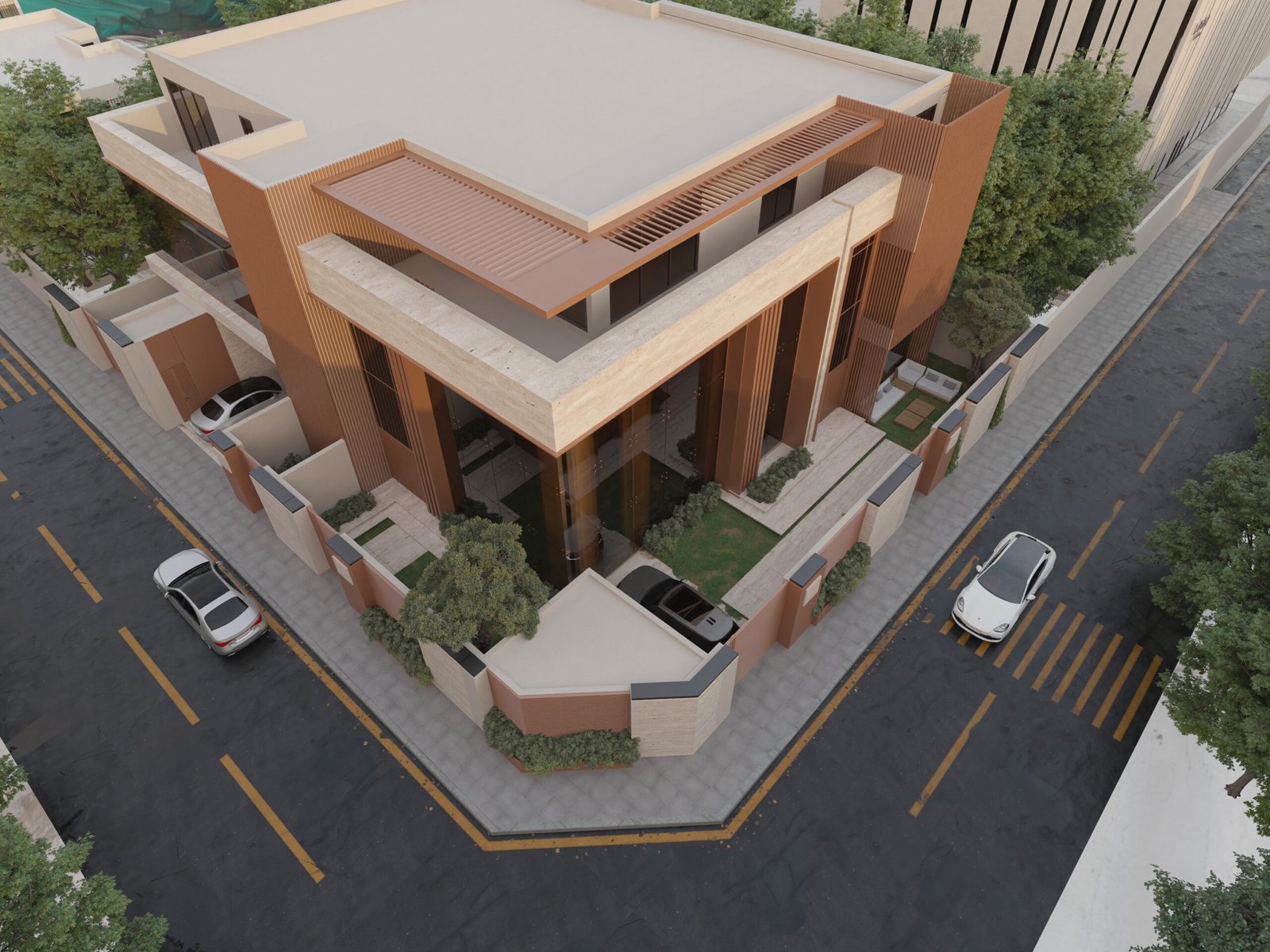     Luxury villa entrance with landscaped garden and stone pathway