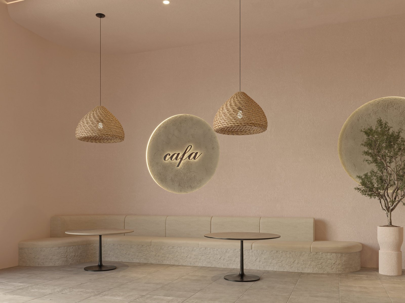     A calm café interior featuring curved seating, textured walls, and soft lighting that creates a warm and inviting atmosphere.
