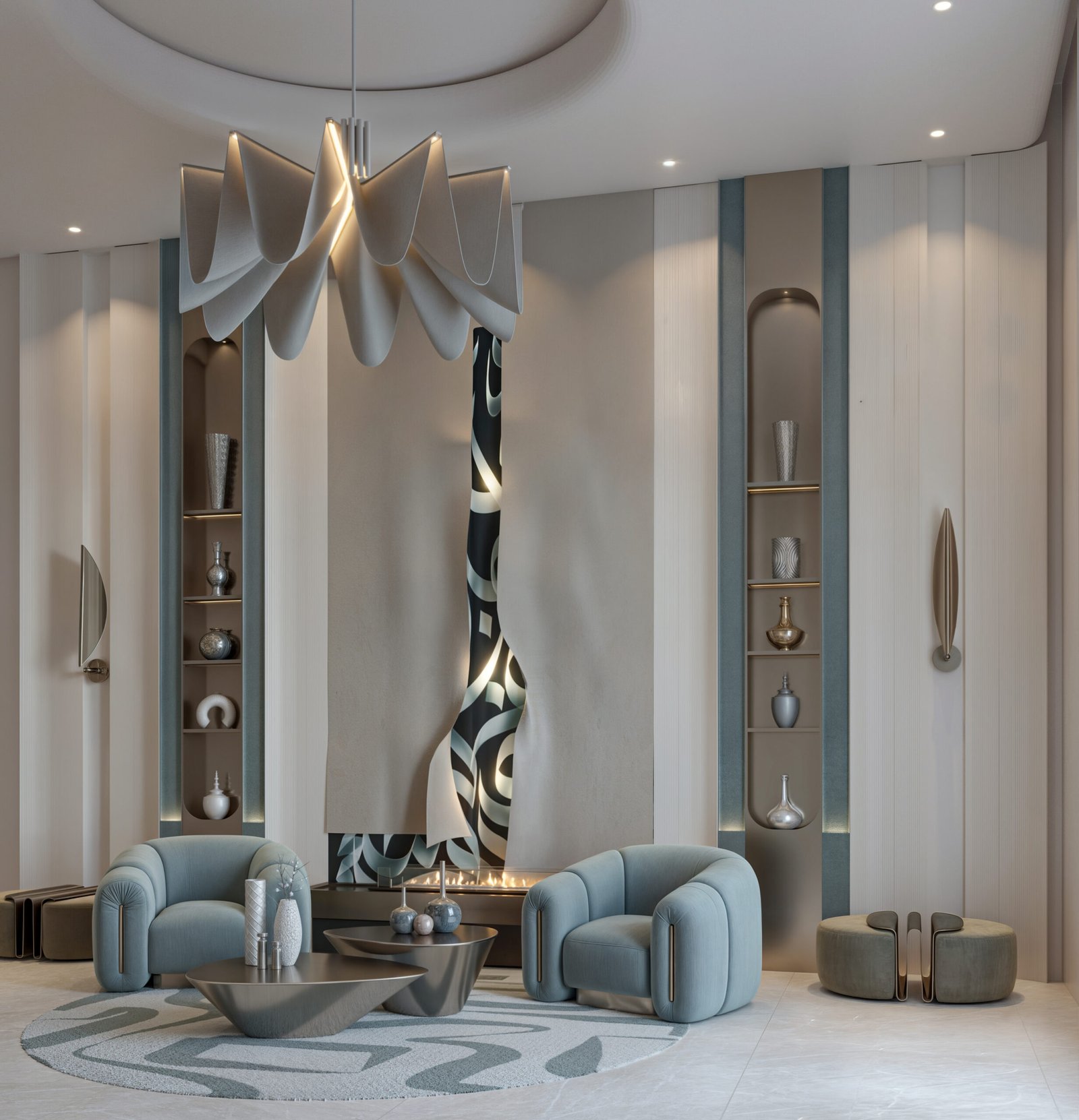 Contemporary luxury living room with sculptural chandelier and curved armchairs in UAE
