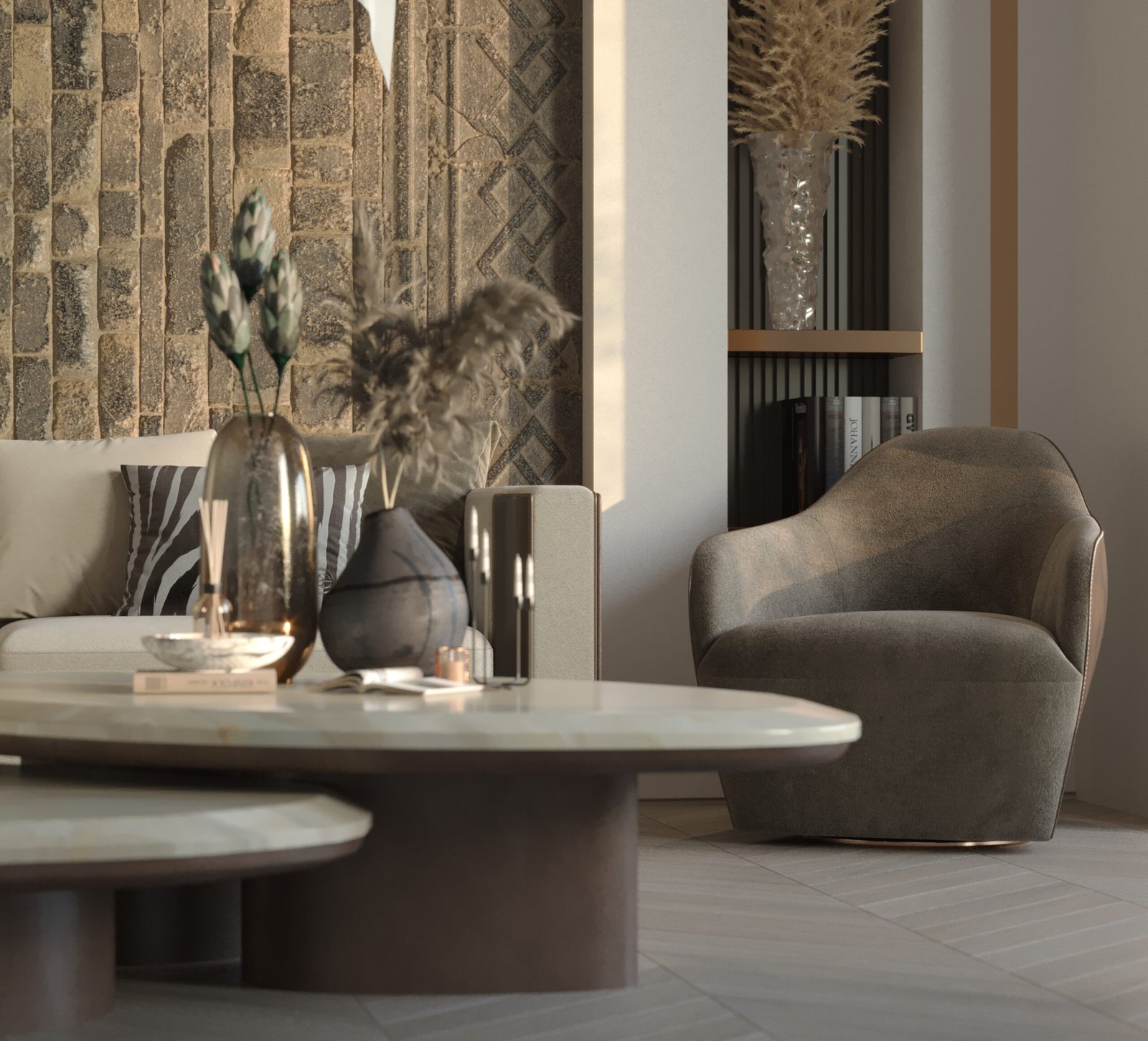 A contemporary seating arrangement featuring neutral-toned sofas, sculptural tables, and natural materials.