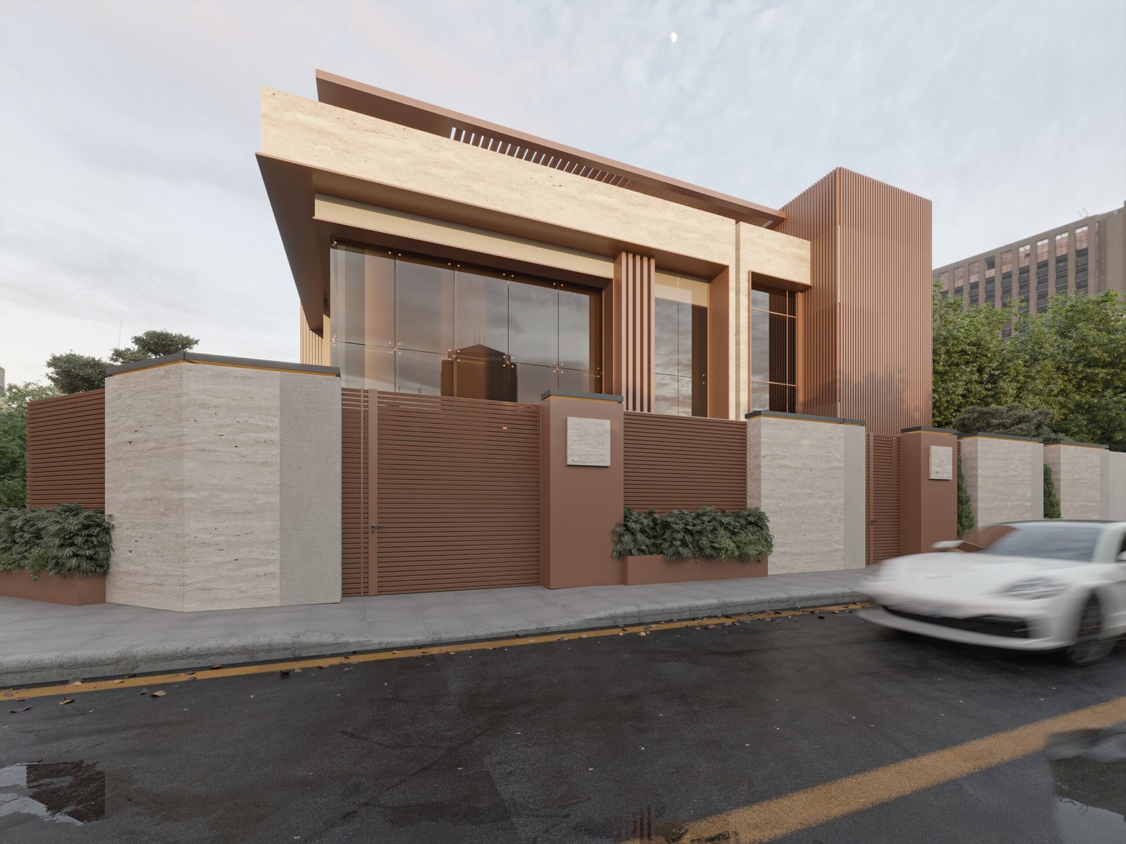     Luxury villa entrance with landscaped garden and stone pathway