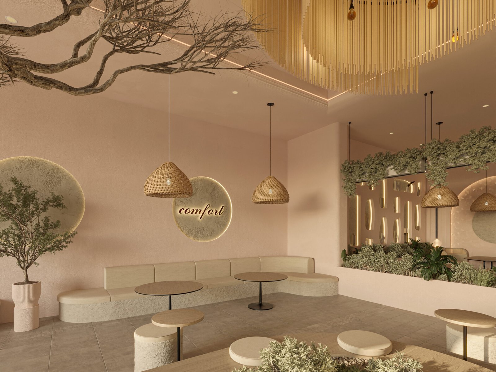     A calm café interior featuring curved seating, textured walls, and soft lighting that creates a warm and inviting atmosphere.