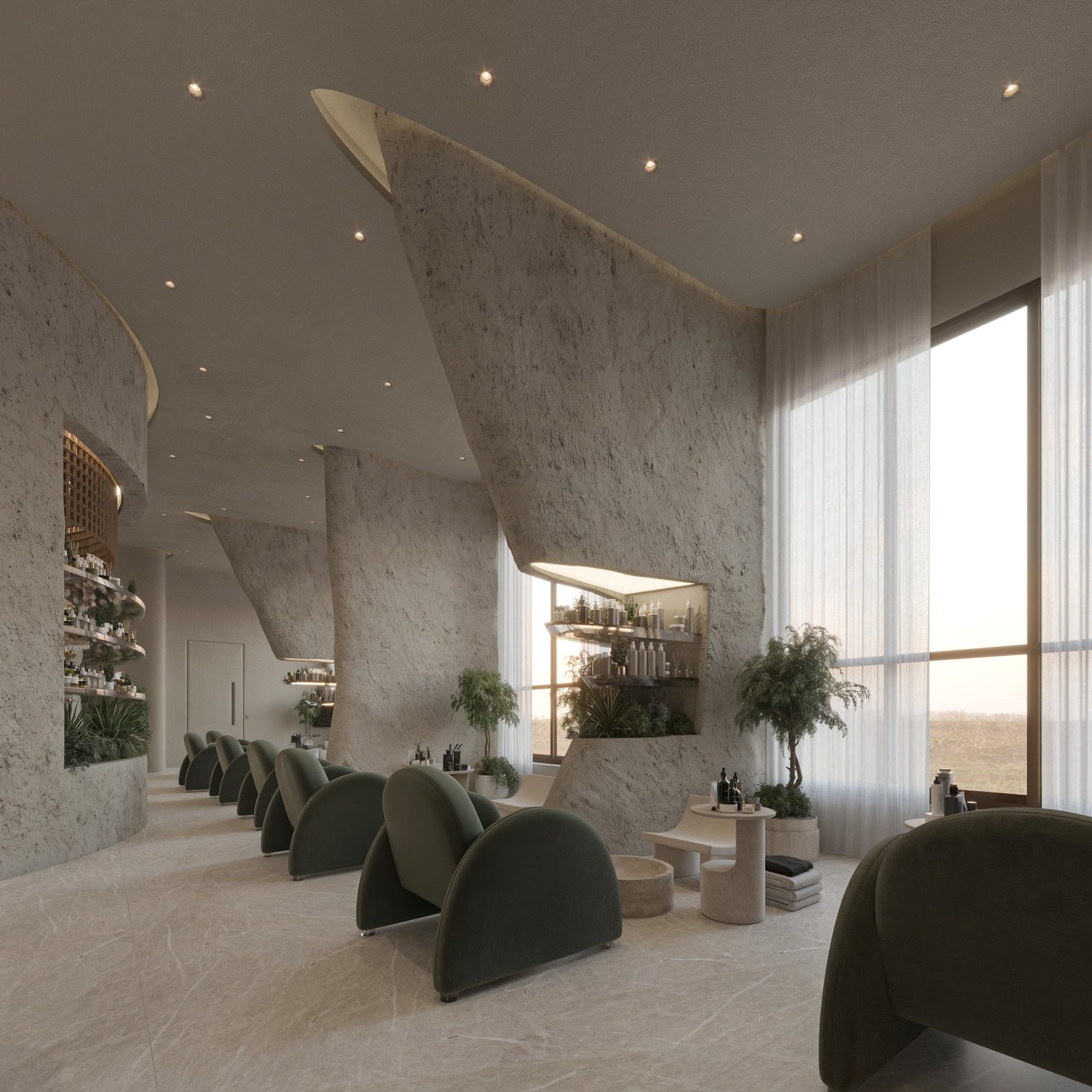 Luxury spa salon interior in Kuwait featuring curved architecture, manicure stations, and integrated shelving