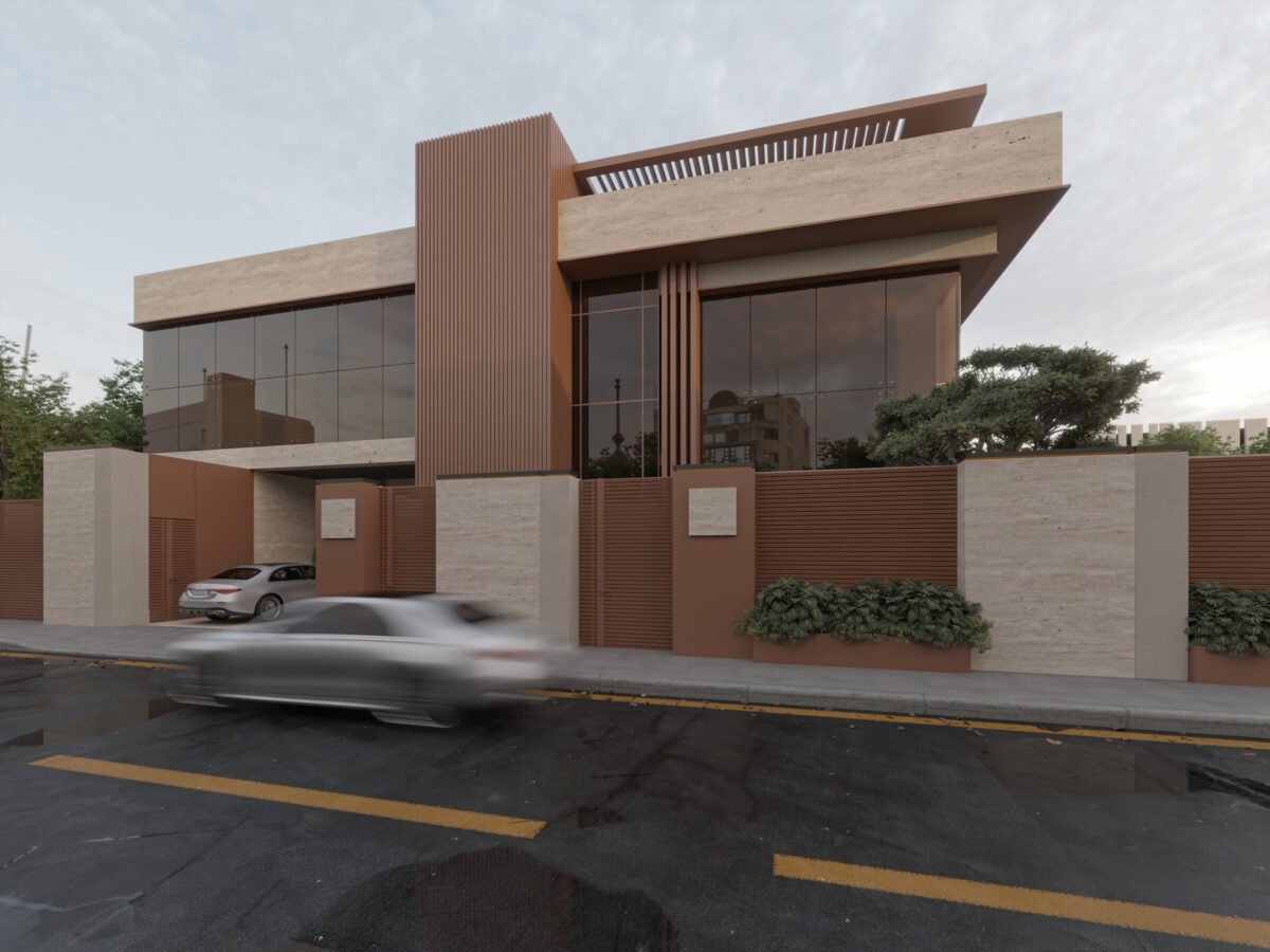     Luxury villa entrance with landscaped garden and stone pathway