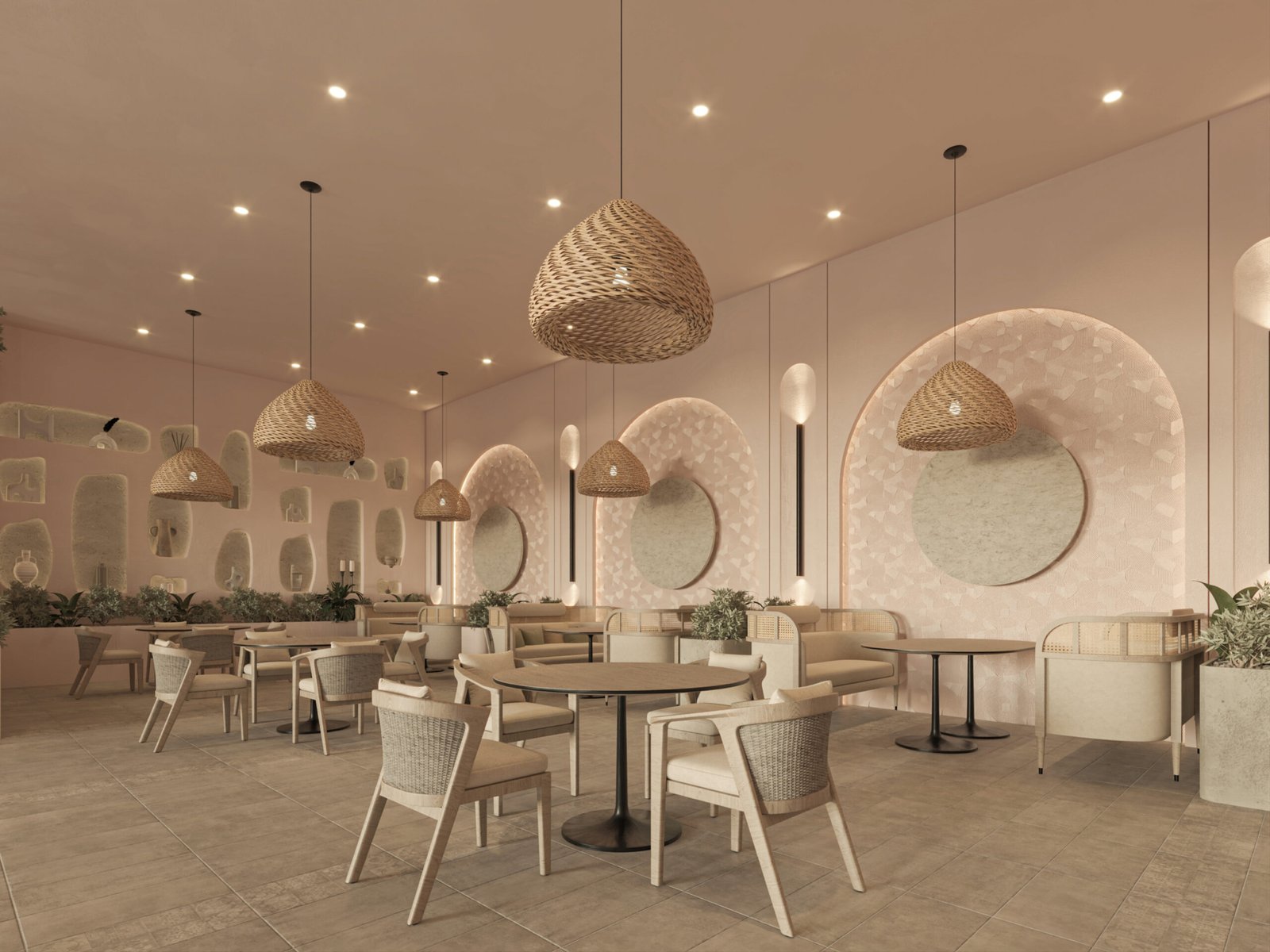     A calm café interior featuring curved seating, textured walls, and soft lighting that creates a warm and inviting atmosphere.