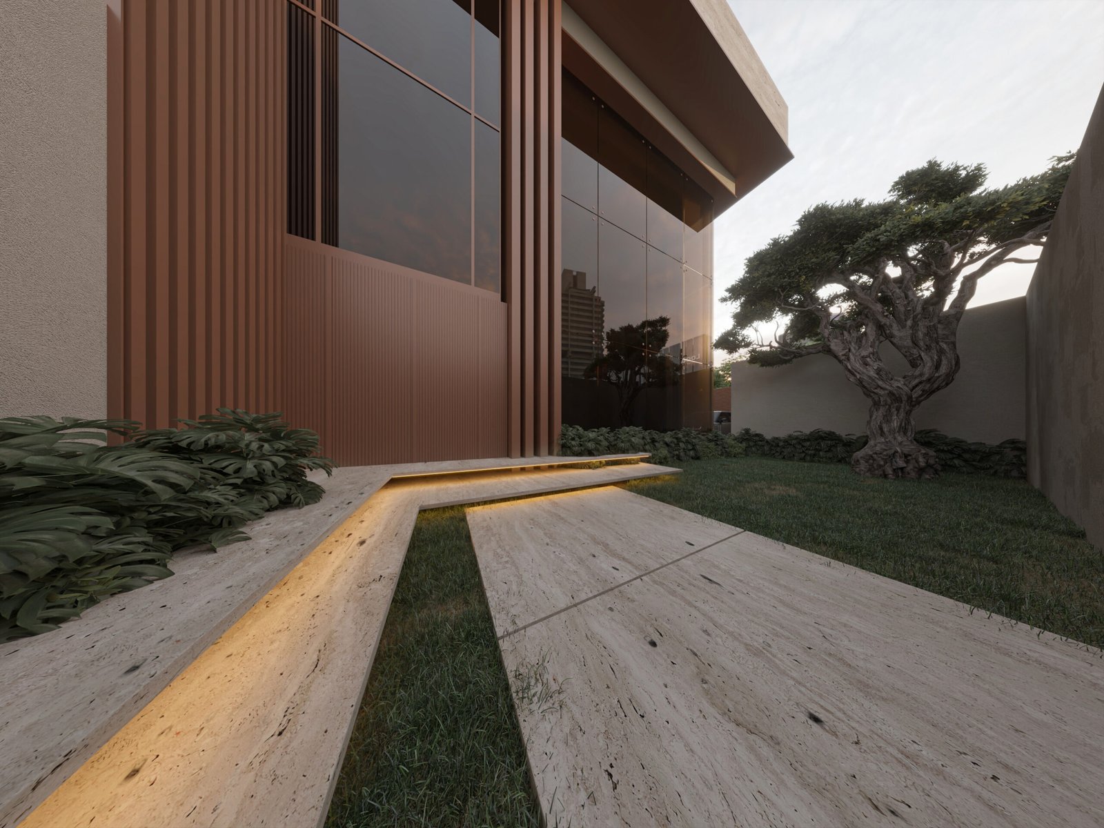     Luxury villa entrance with landscaped garden and stone pathway