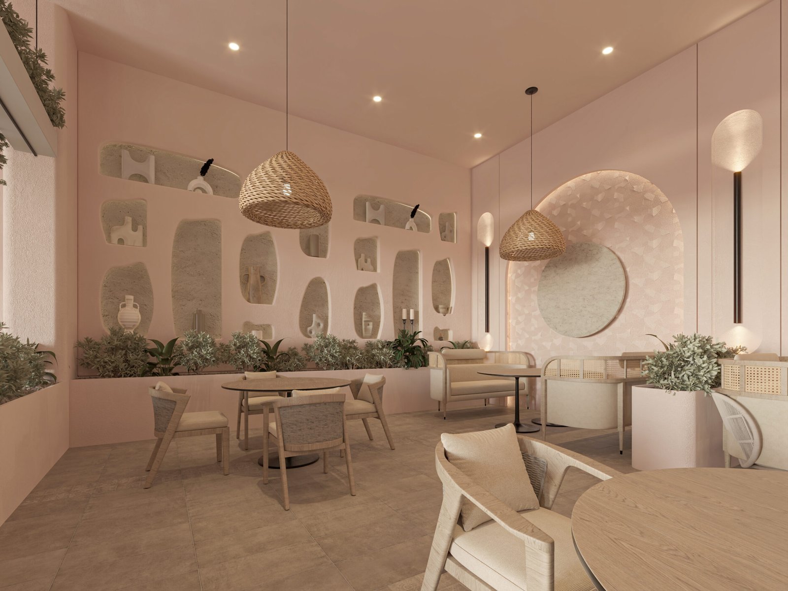     A calm café interior featuring curved seating, textured walls, and soft lighting that creates a warm and inviting atmosphere.