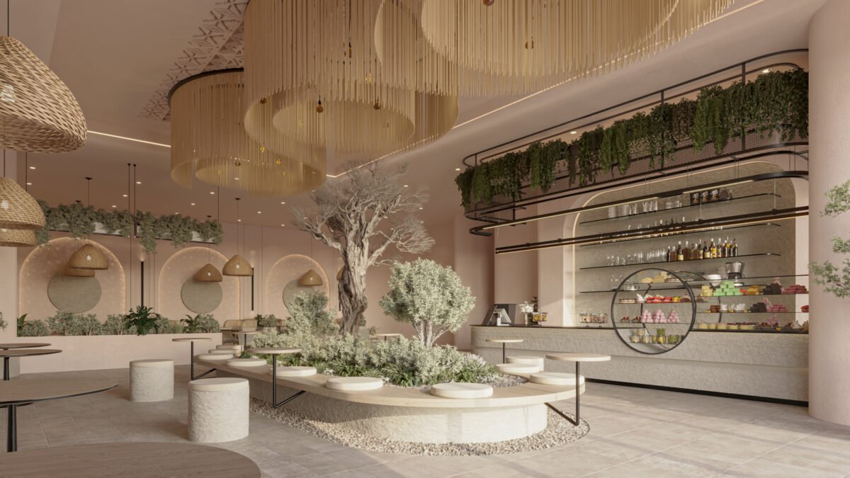 Organic café interior with soft curved seating and warm lighting