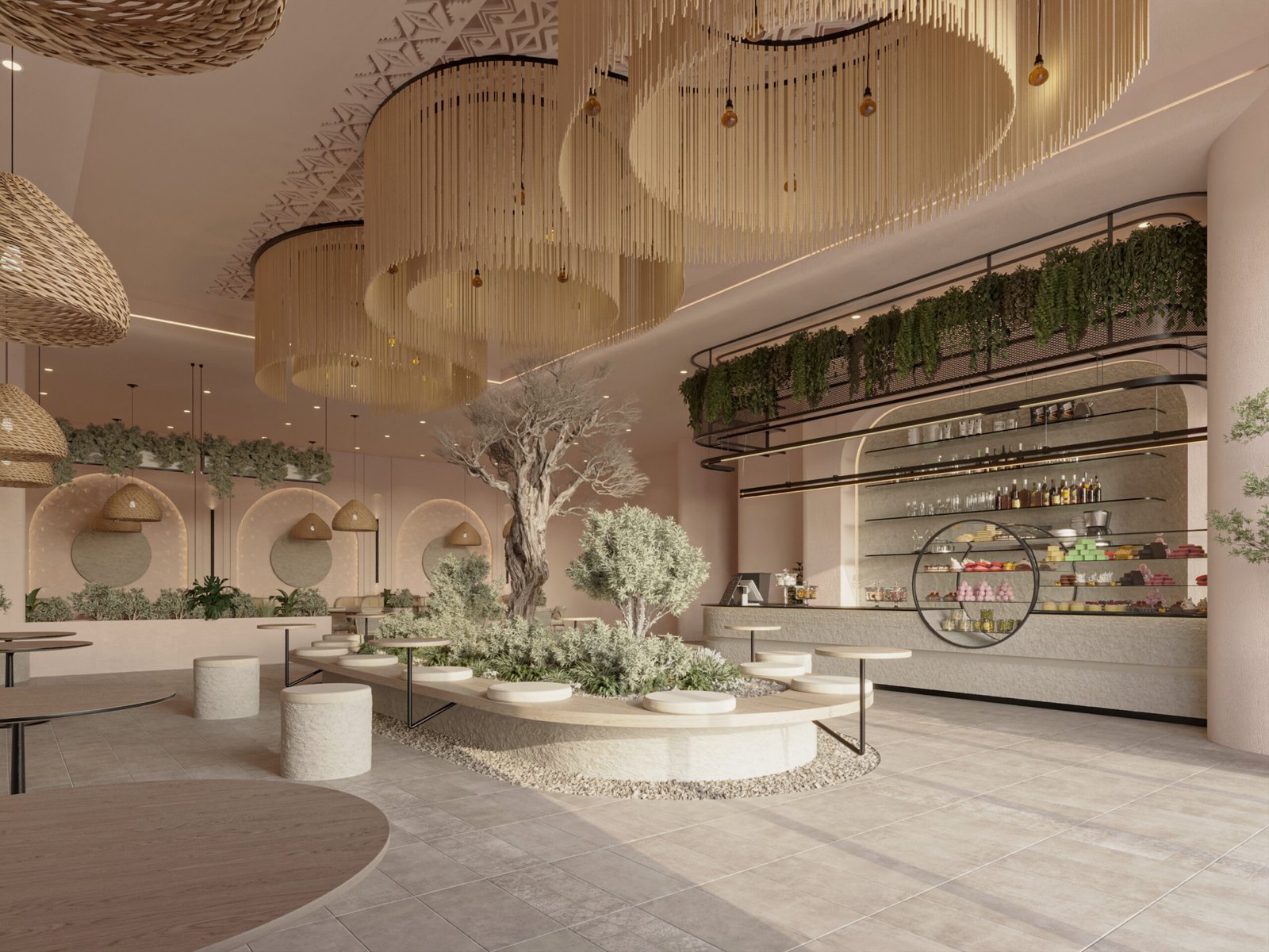     A calm café interior featuring curved seating, textured walls, and soft lighting that creates a warm and inviting atmosphere.