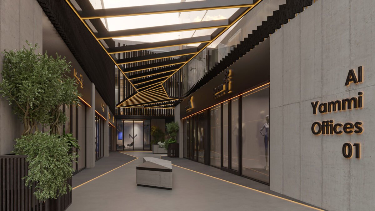 Contemporary retail corridor with glass façades and warm lighting